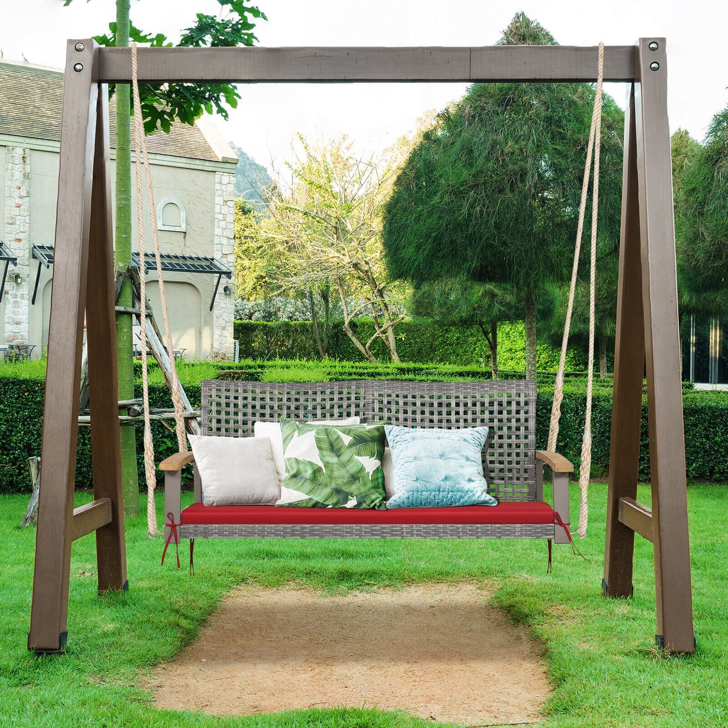 2-Person Patio Wicker Hanging Swing Chair-Red Kids Crystal