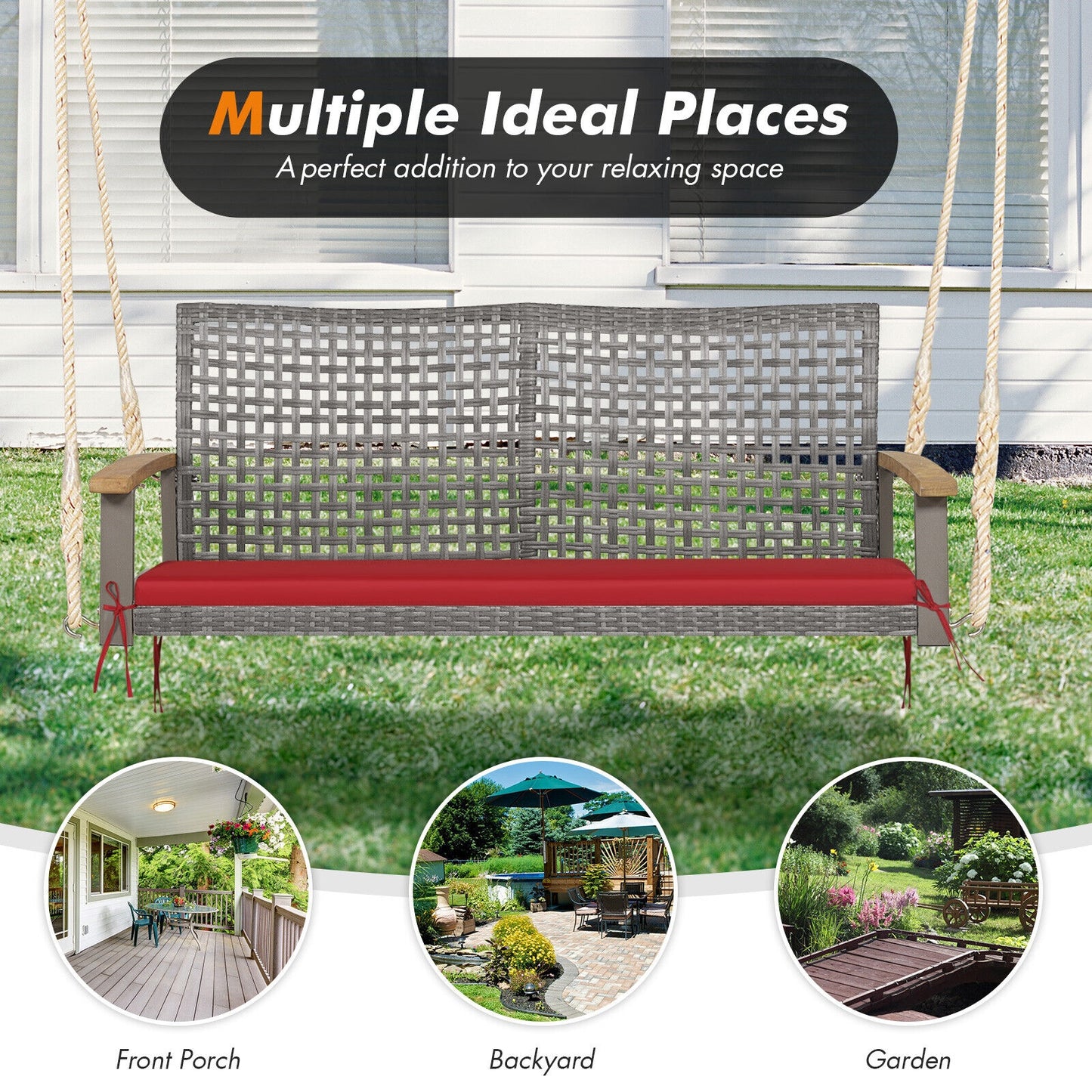 2-Person Patio Wicker Hanging Swing Chair-Red Kids Crystal