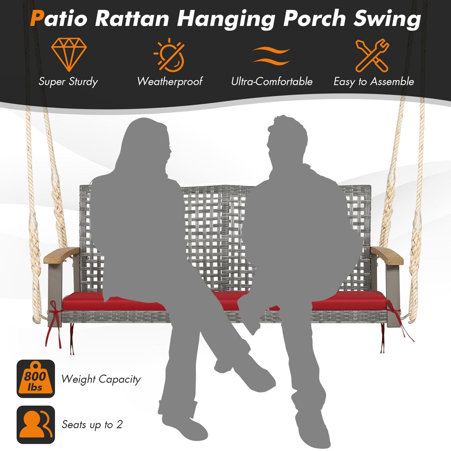 2-Person Patio Wicker Hanging Swing Chair-Red Kids Crystal