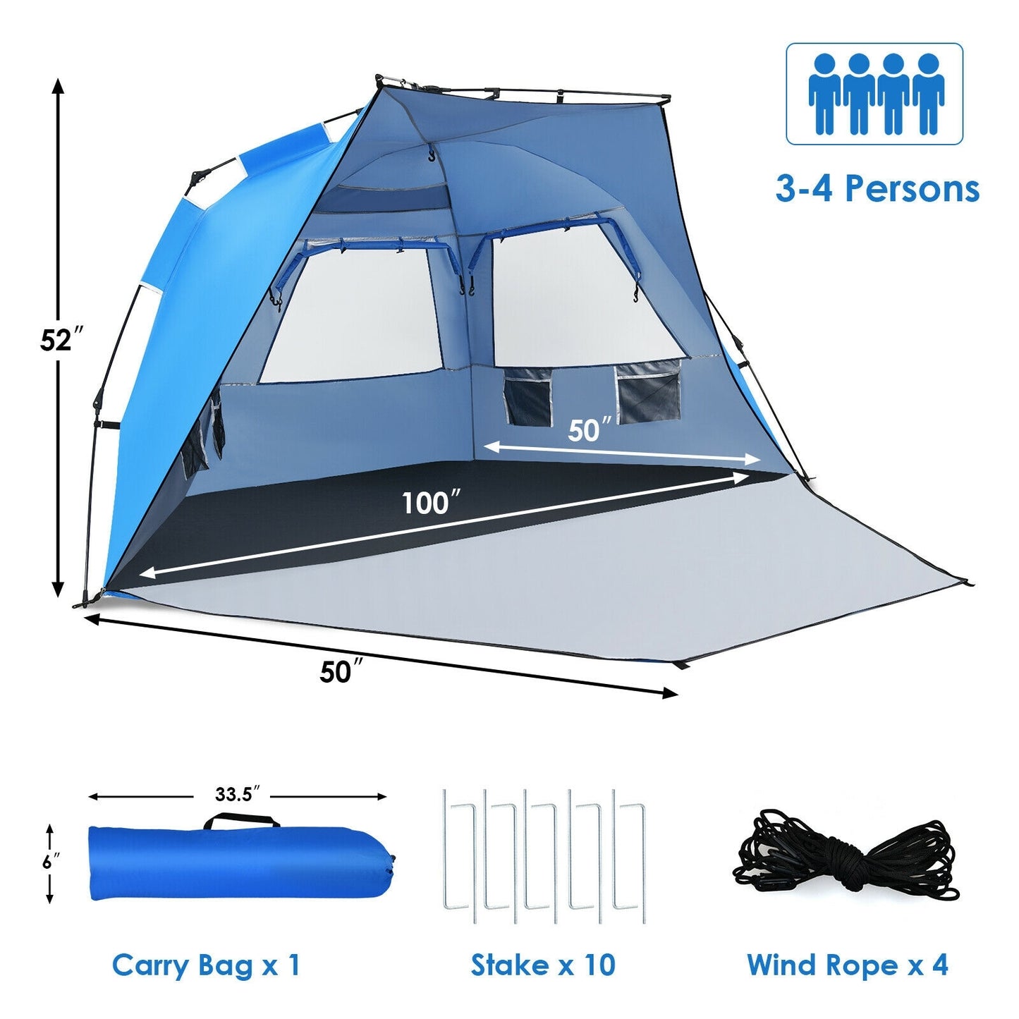 Easy Pop Up Beach Tent UPF 50+ Portable Sun Shelter-Blue for 3-4 Person Kids Crystal