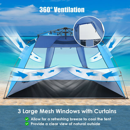 Easy Pop Up Beach Tent UPF 50+ Portable Sun Shelter-Blue for 3-4 Person