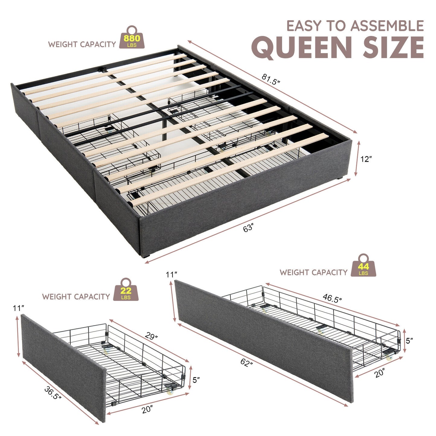 Upholstered Platform Bed Frame with 3 Storage Drawers-Queen Size Kids Crystal