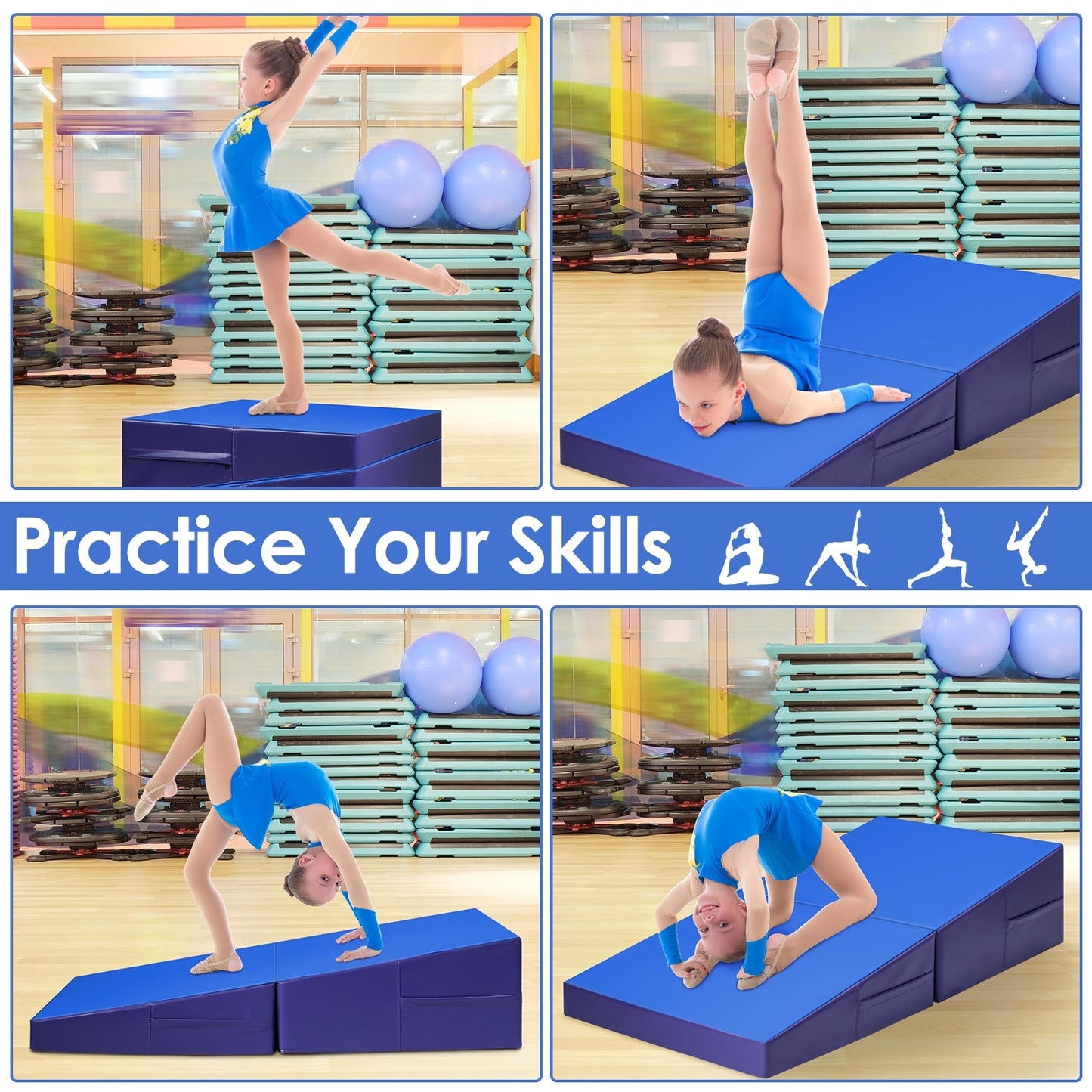 Tumbling Incline Gymnastics Exercise Folding Wedge Ramp Mat-Blue Kids Crystal