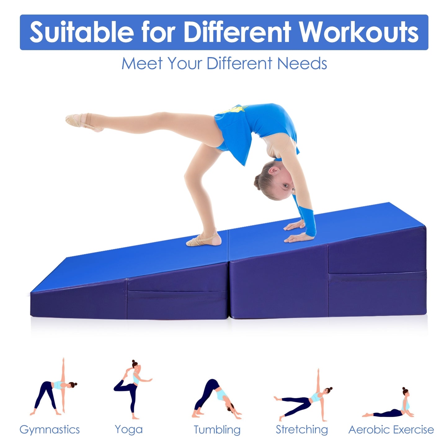 Tumbling Incline Gymnastics Exercise Folding Wedge Ramp Mat-Blue Kids Crystal