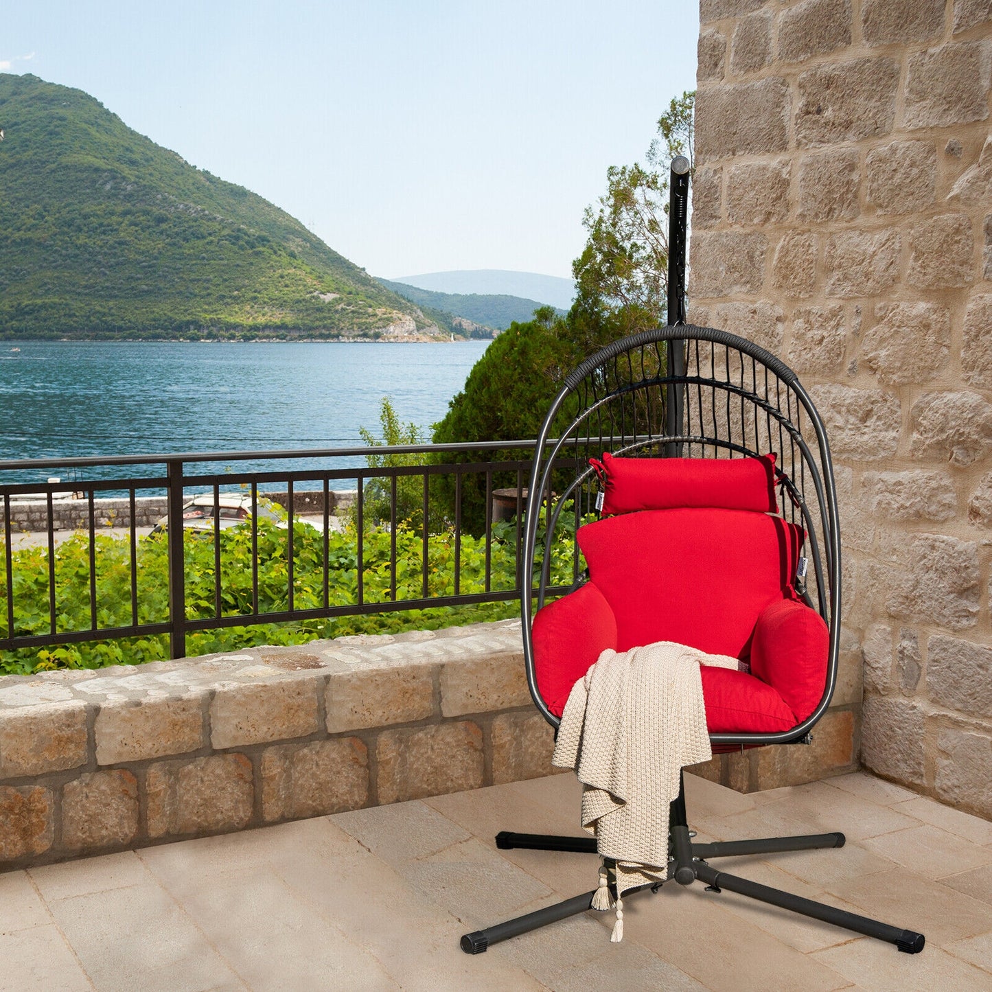 Hanging Folding Egg Chair with Stand Soft Cushion Pillow Swing Hammock-Red Kids Crystal