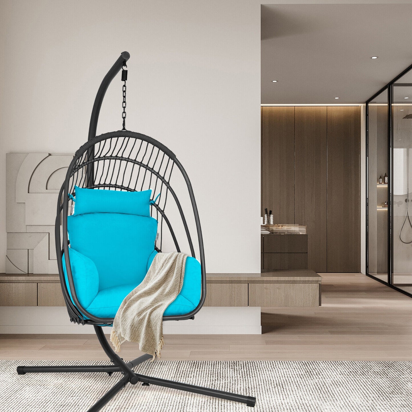Hanging Folding Egg Chair with Stand Soft Cushion Pillow Swing Hammock-Turquoise Kids Crystal