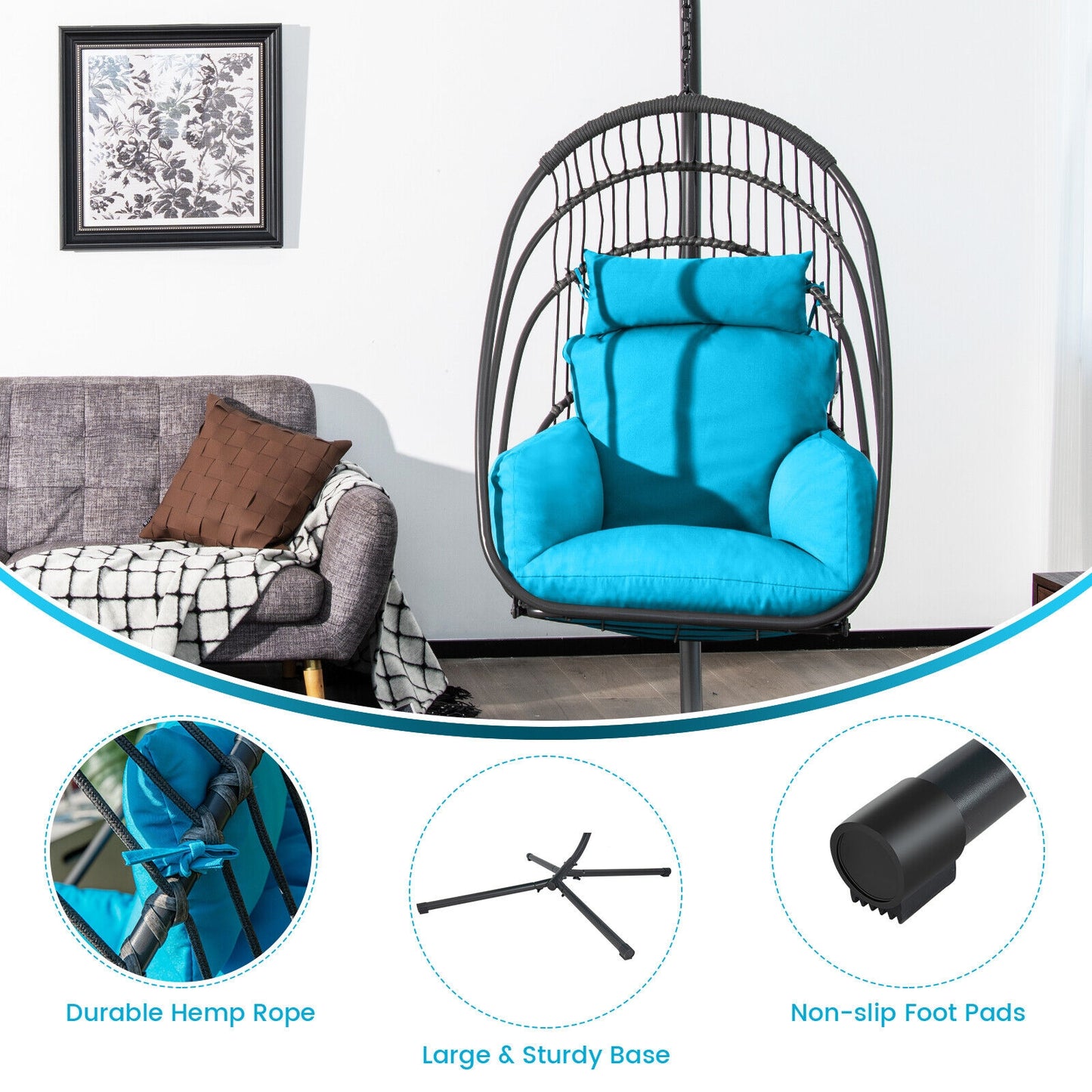 Hanging Folding Egg Chair with Stand Soft Cushion Pillow Swing Hammock-Turquoise Kids Crystal