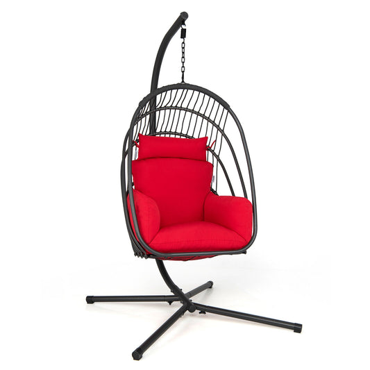 Hanging Folding Egg Chair with Stand Soft Cushion Pillow Swing Hammock-Red Kids Crystal