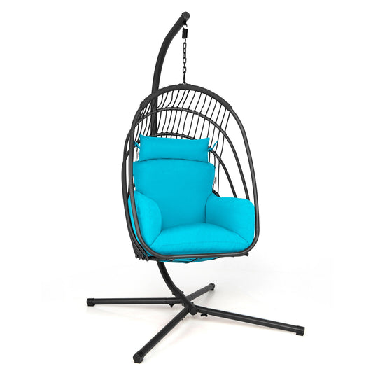Hanging Folding Egg Chair with Stand Soft Cushion Pillow Swing Hammock-Turquoise Kids Crystal