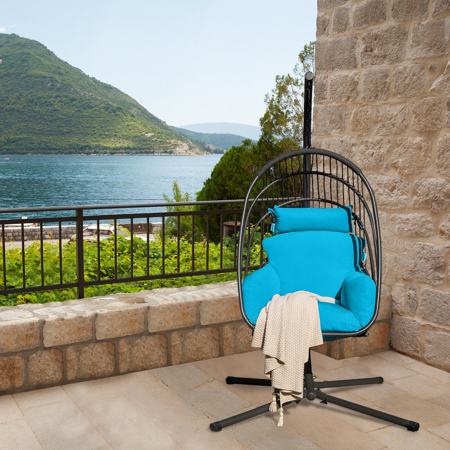 Hanging Folding Egg Chair with Stand Soft Cushion Pillow Swing Hammock-Turquoise Kids Crystal