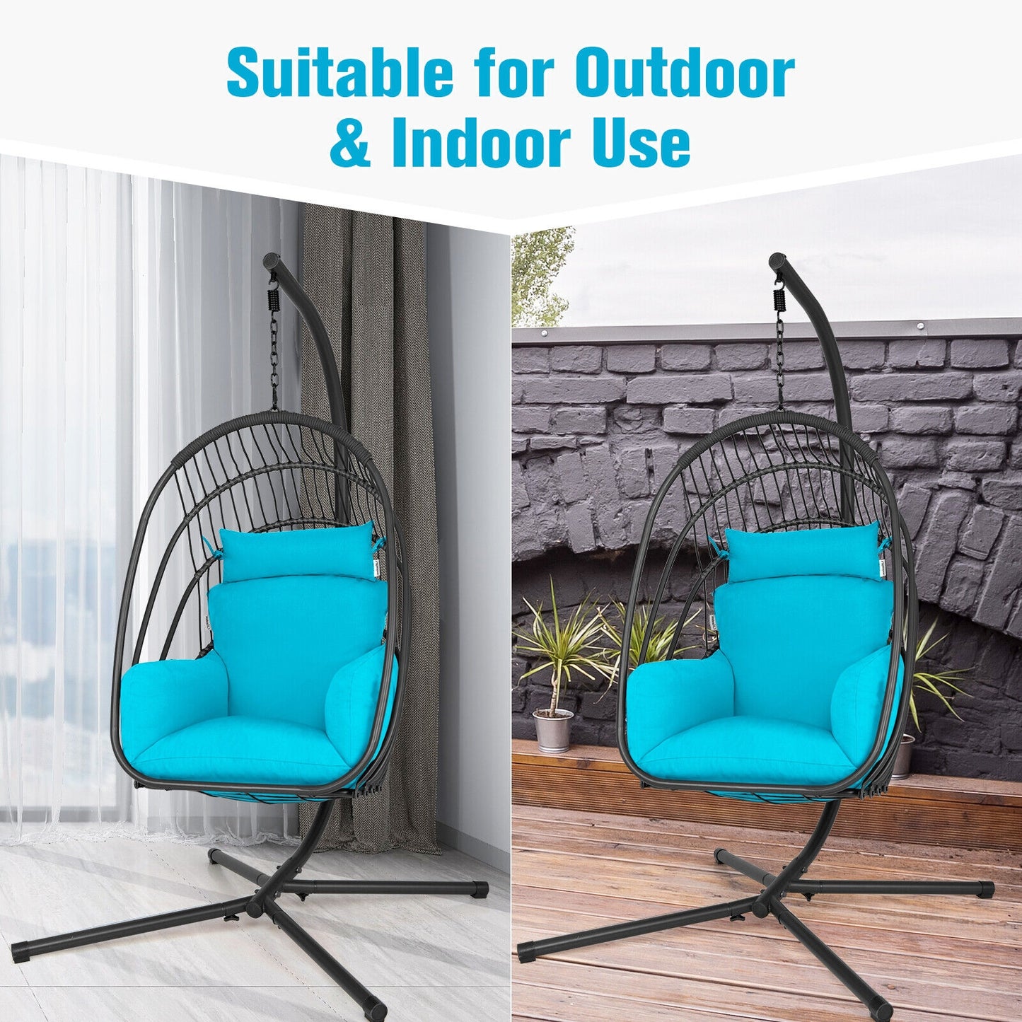 Hanging Folding Egg Chair with Stand Soft Cushion Pillow Swing Hammock-Turquoise Kids Crystal