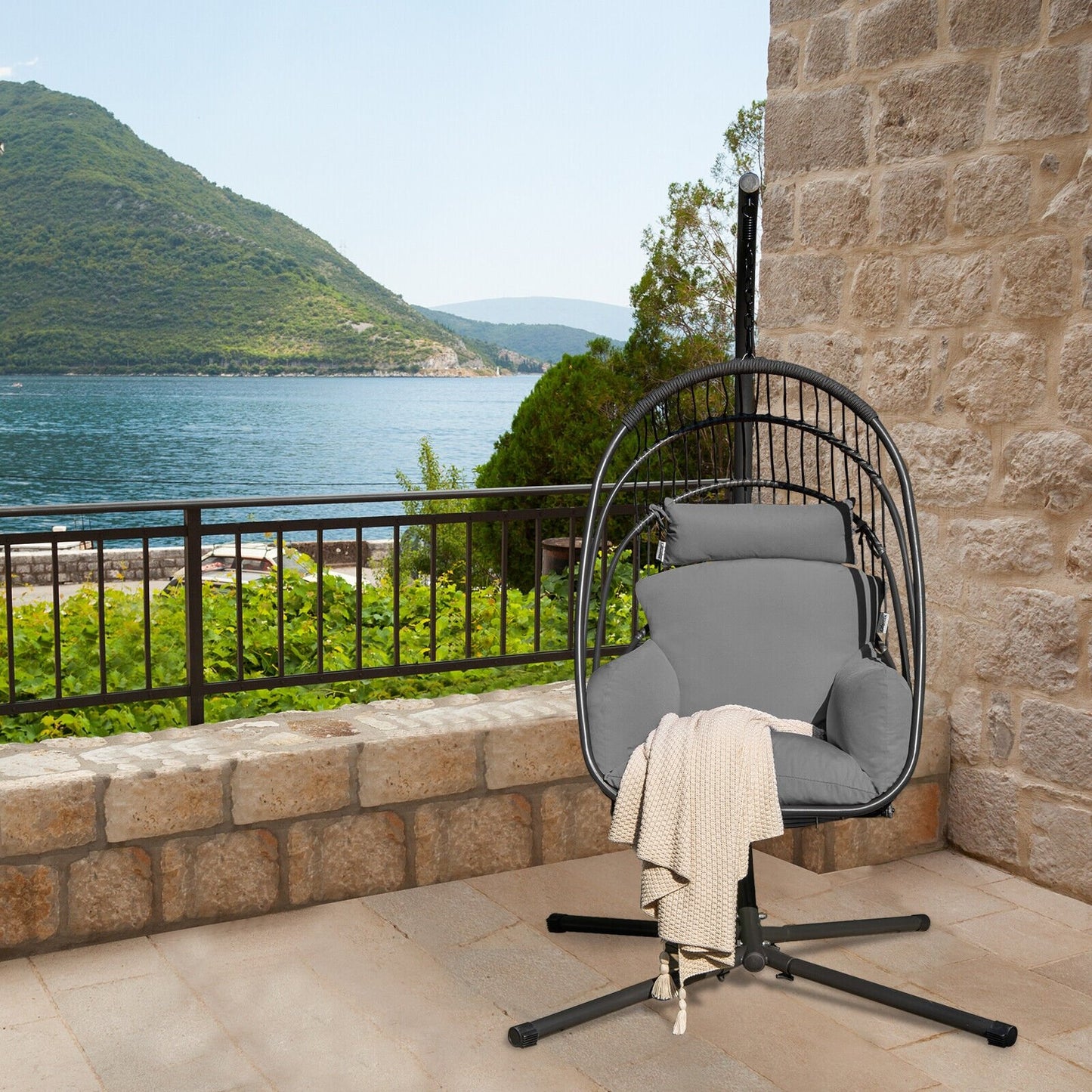 Hanging Folding Egg Chair with Stand Soft Cushion Pillow Swing Hammock-Gray Kids Crystal