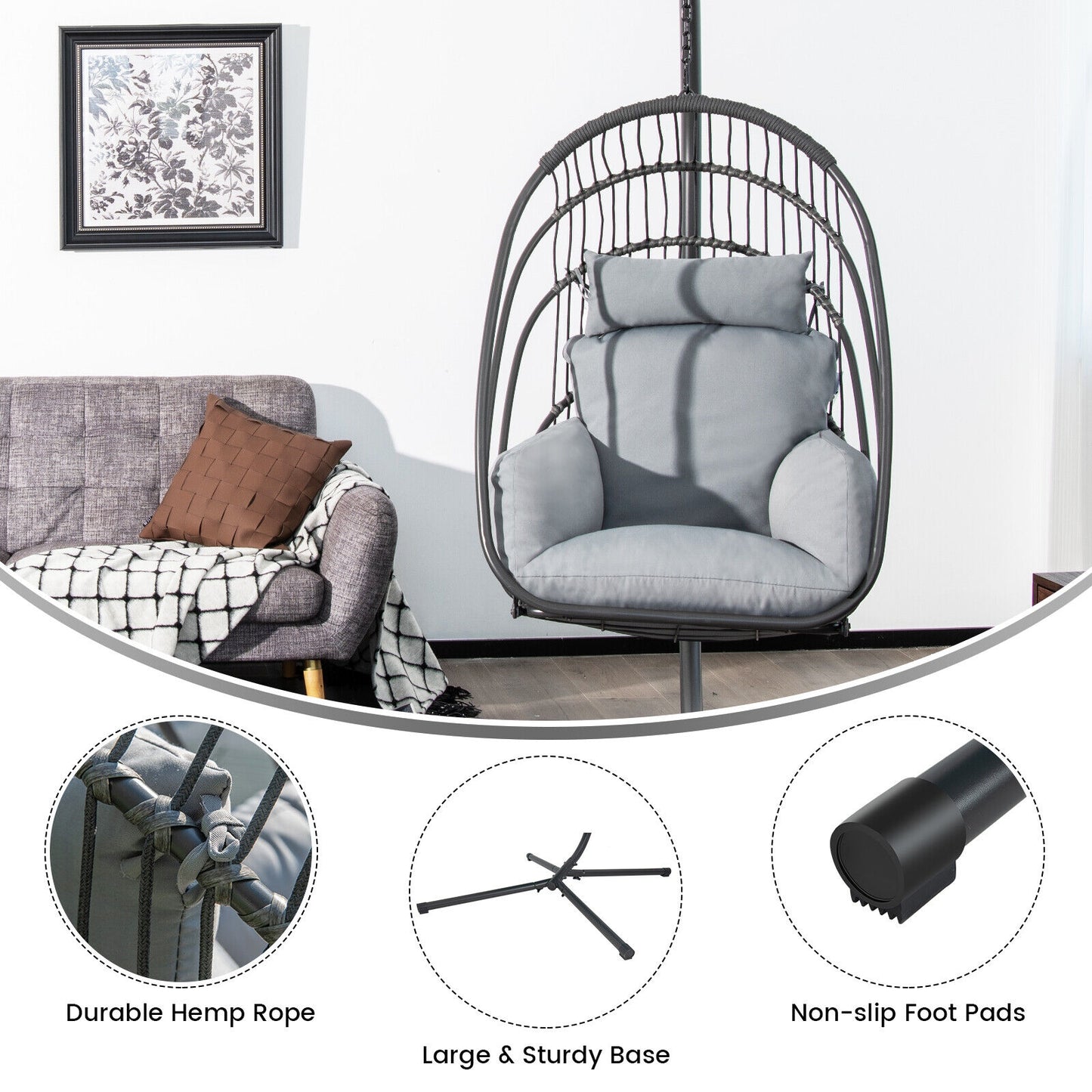 Hanging Folding Egg Chair with Stand Soft Cushion Pillow Swing Hammock-Gray Kids Crystal