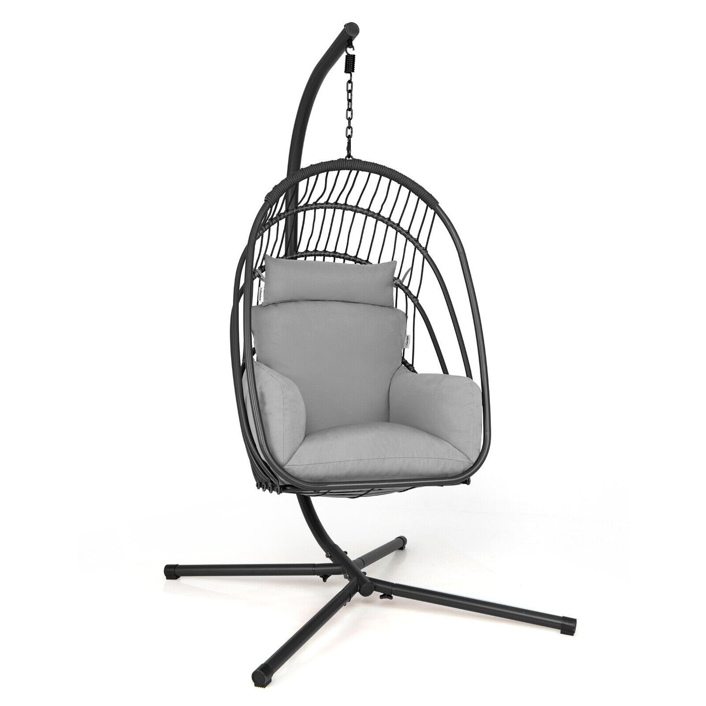 Hanging Folding Egg Chair with Stand Soft Cushion Pillow Swing Hammock-Gray Kids Crystal