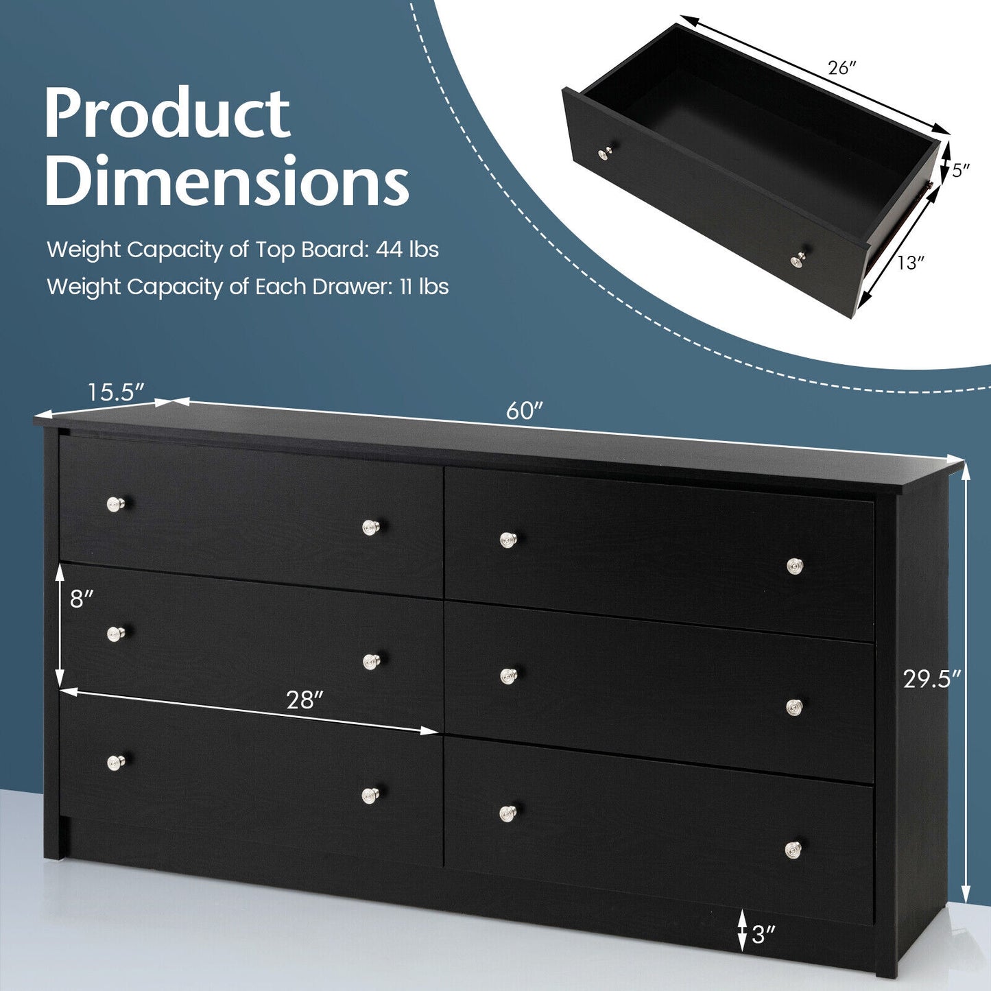 Freestanding 6-Drawer Dresser with Mental Knobs for Bedroom Kids Crystal
