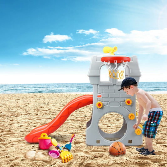 5 in 1 Toddler Climber Slide Playset with Basketball Hoop and Telescope Kids Crystal