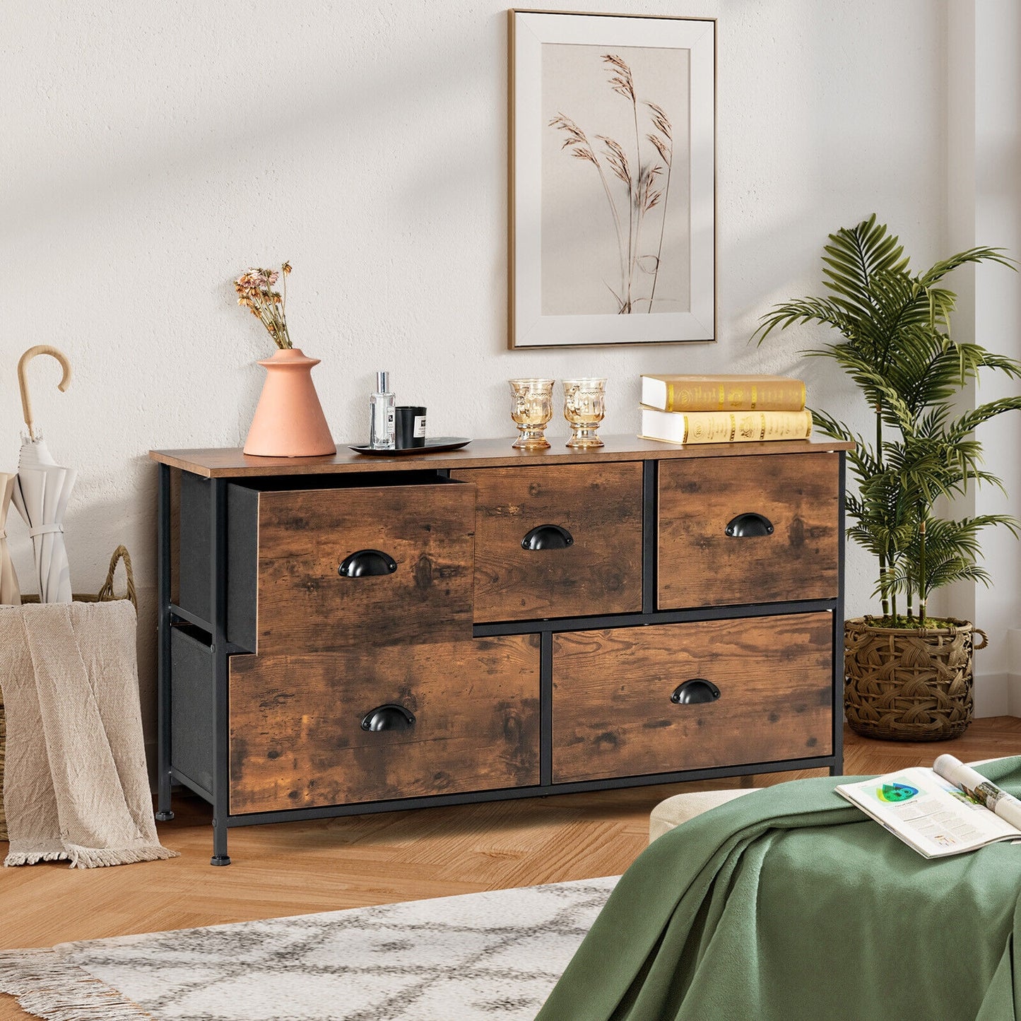 Dresser Organizer with 5 Drawers and Wooden Top-Rustic Brown Kids Crystal