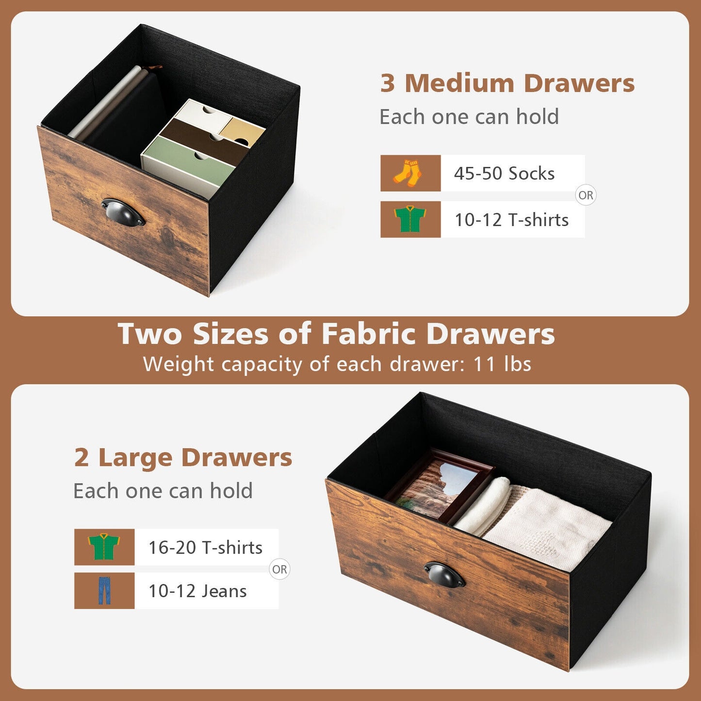 Dresser Organizer with 5 Drawers and Wooden Top-Rustic Brown Kids Crystal