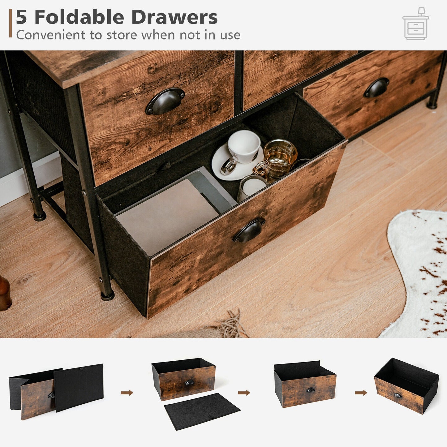 Dresser Organizer with 5 Drawers and Wooden Top-Rustic Brown Kids Crystal