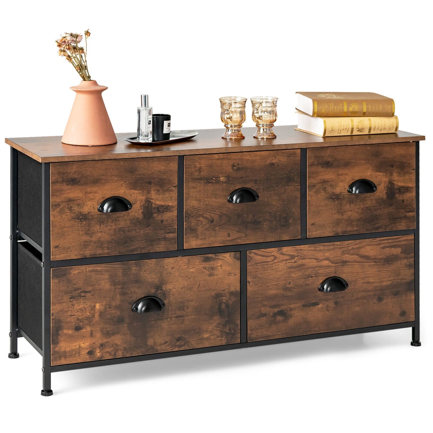 Dresser Organizer with 5 Drawers and Wooden Top-Rustic Brown Kids Crystal