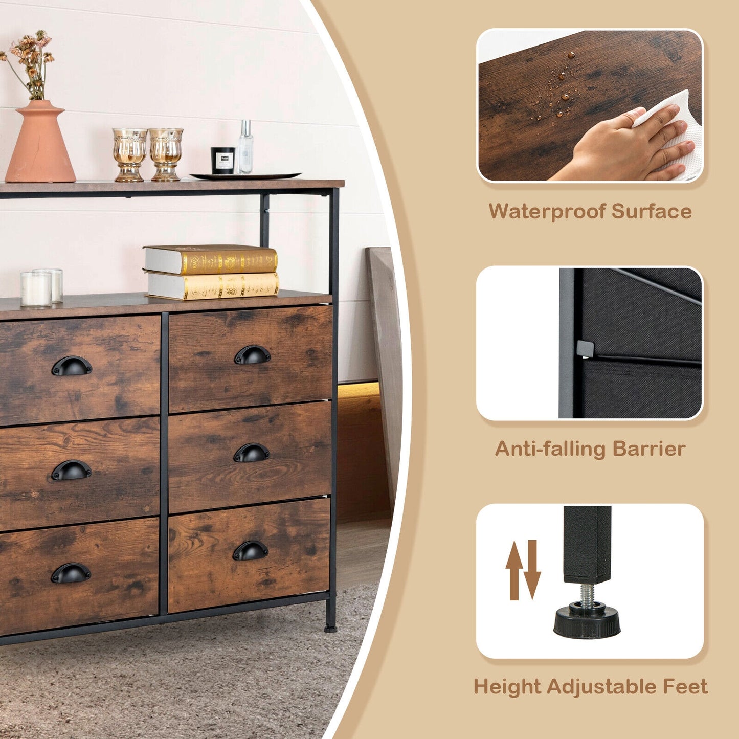 2-Tier Storage Chest with Wooden Top and 6 Fabric Drawers-Rustic Brown Kids Crystal