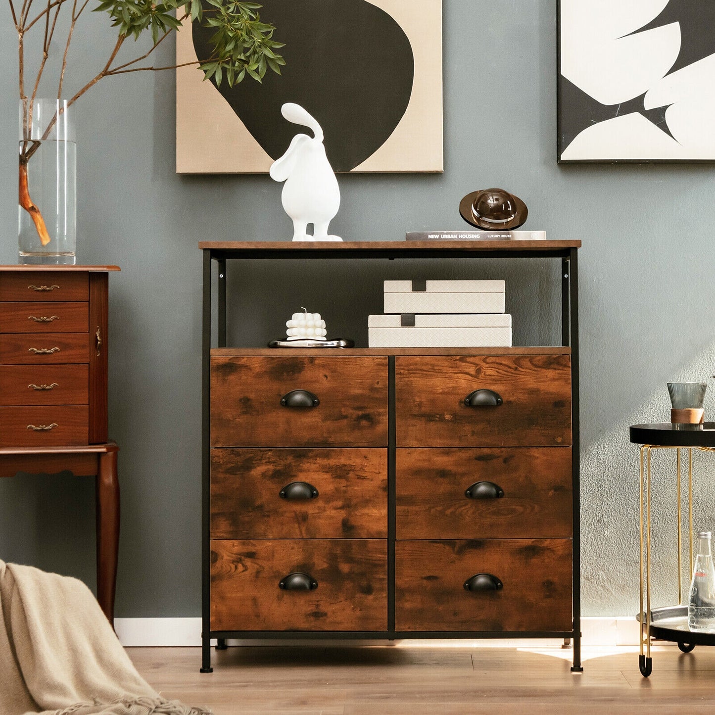 2-Tier Storage Chest with Wooden Top and 6 Fabric Drawers-Rustic Brown Kids Crystal