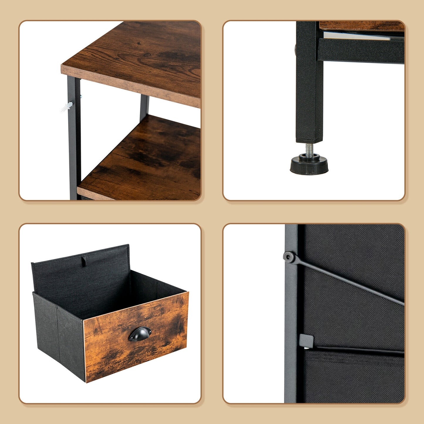 2-Tier Storage Chest with Wooden Top and 6 Fabric Drawers-Rustic Brown Kids Crystal