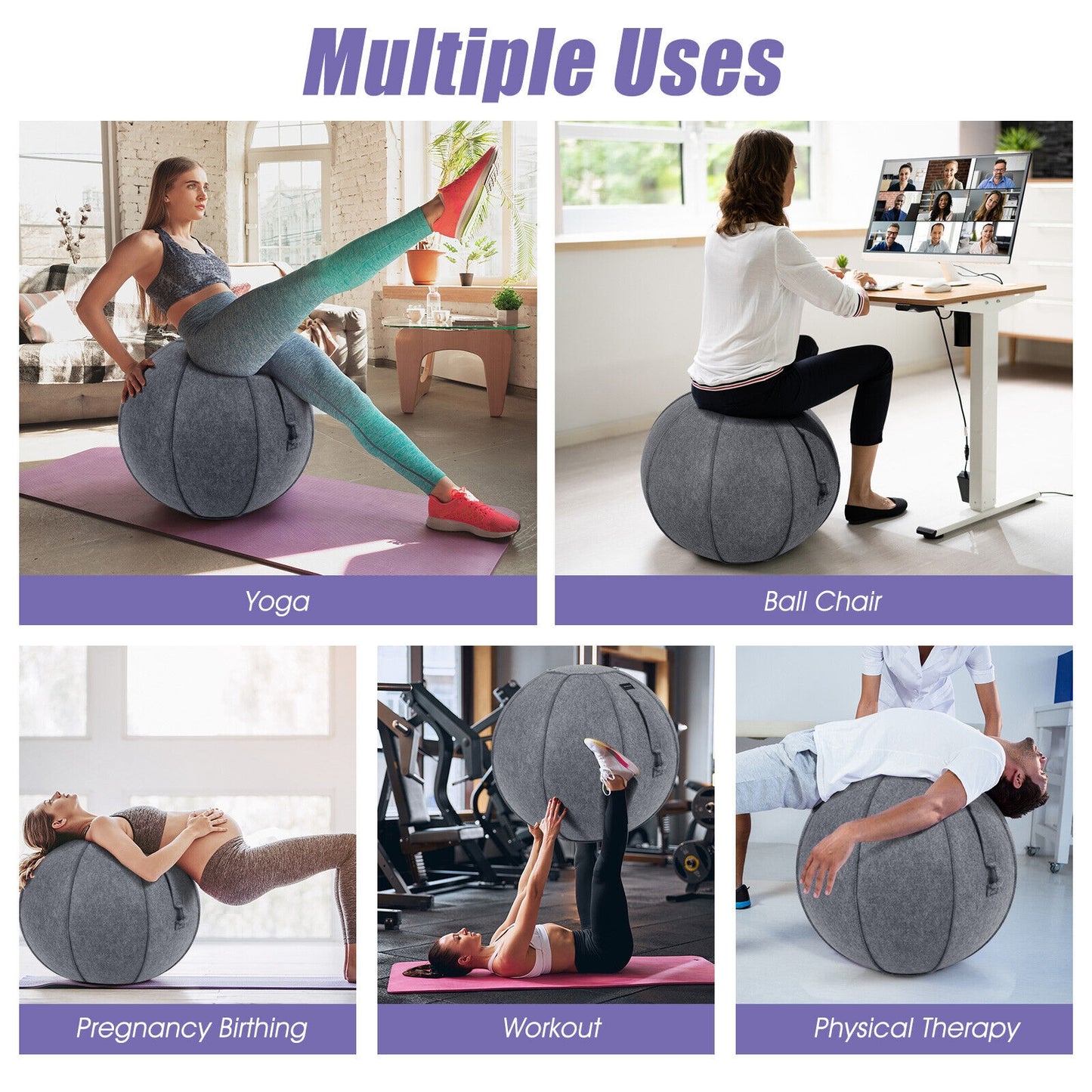 Yoga Sitting Ball with Felt Cover and Air Pump-Gray Kids Crystal