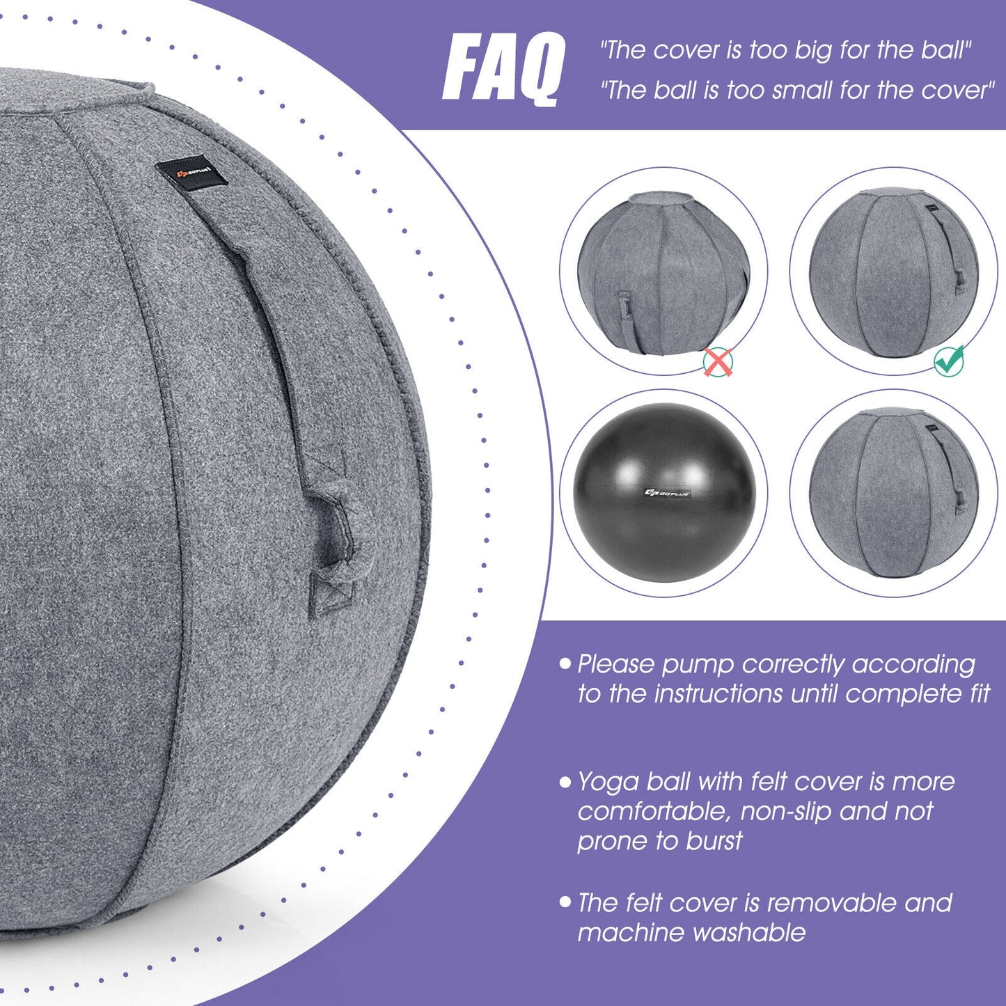 Yoga Sitting Ball with Felt Cover and Air Pump-Gray Kids Crystal