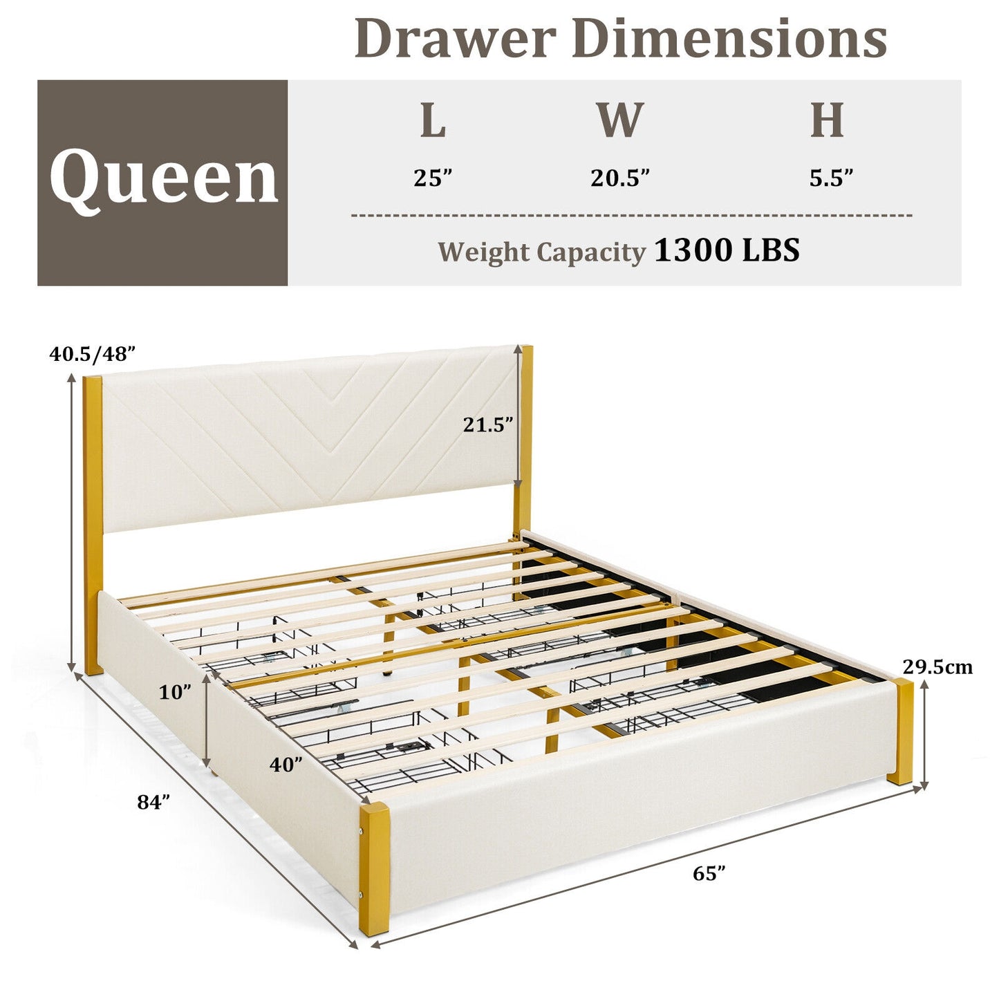 Full Size/Queen Size Upholstered Bed Frame with Adjustable Headboard and 4 Drawers-Queen Size Kids Crystal