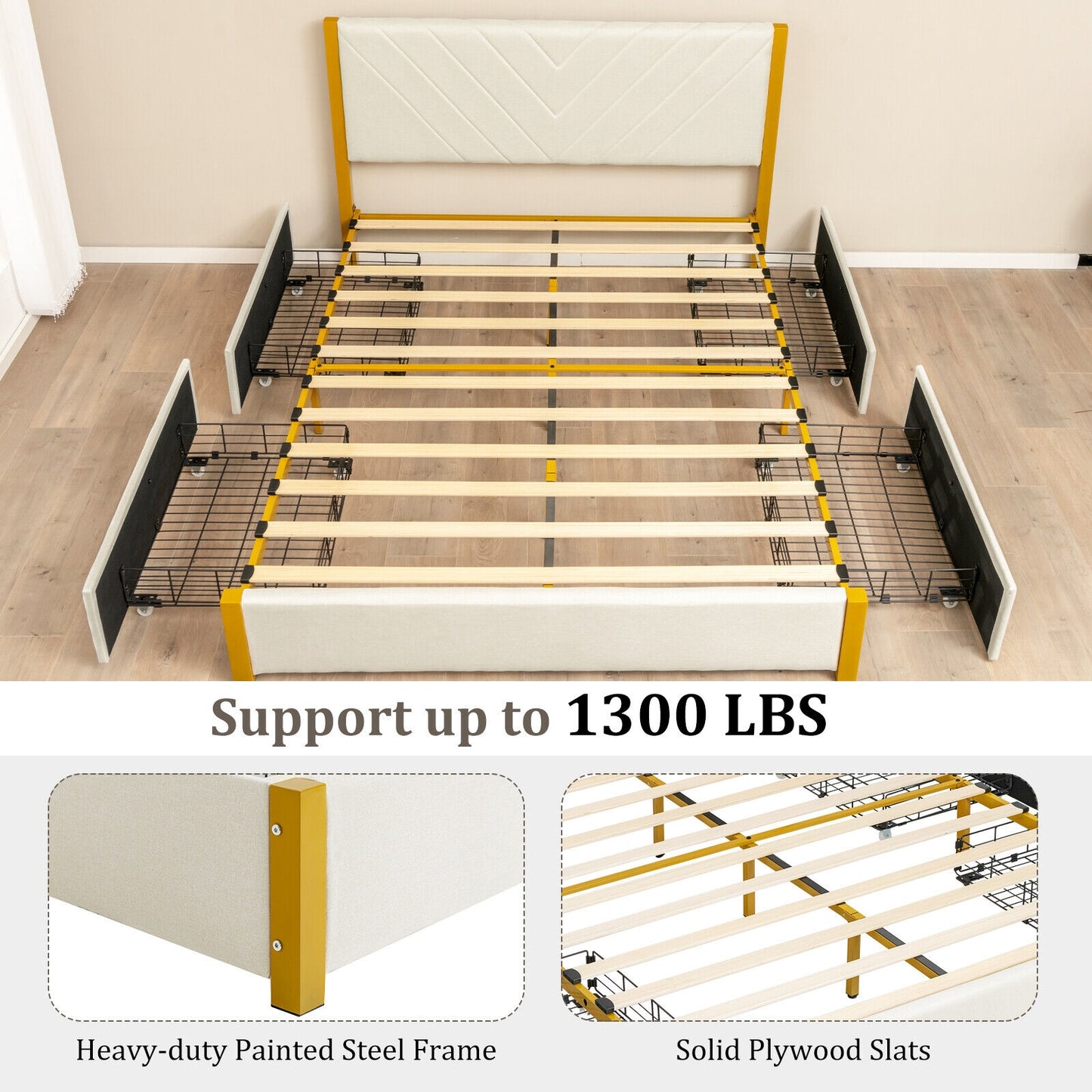Full Size/Queen Size Upholstered Bed Frame with Adjustable Headboard and 4 Drawers-Queen Size Kids Crystal