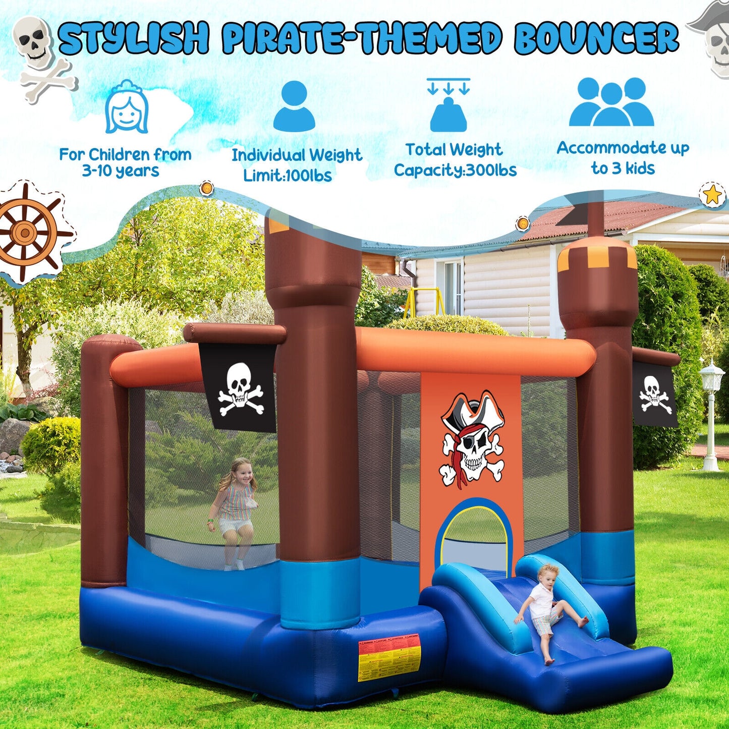 Pirate-Themed Inflatable Bounce Castle with Large Jumping Area and 735W Blower Kids Crystal