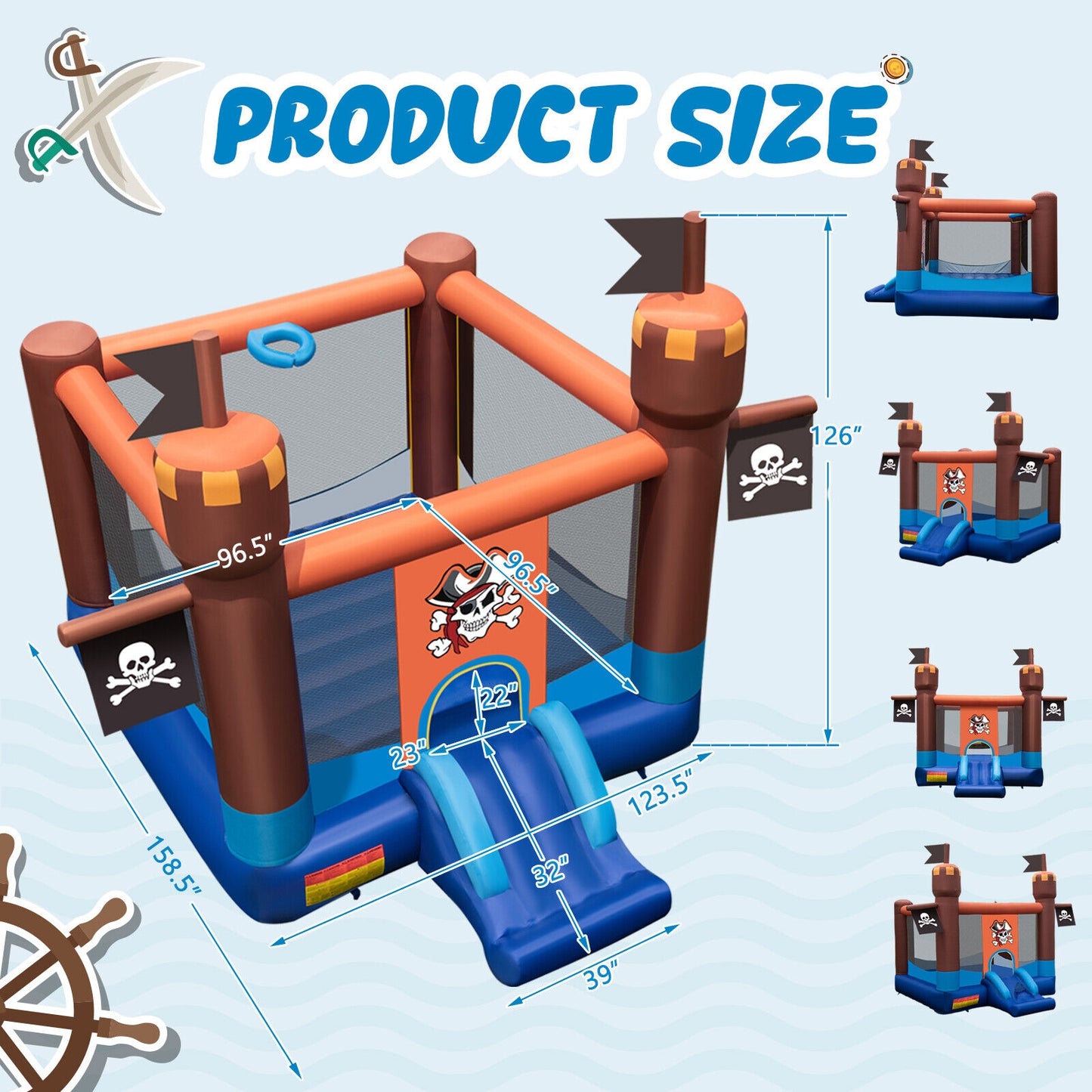 Pirate-Themed Inflatable Bounce Castle with Large Jumping Area and 735W Blower Kids Crystal