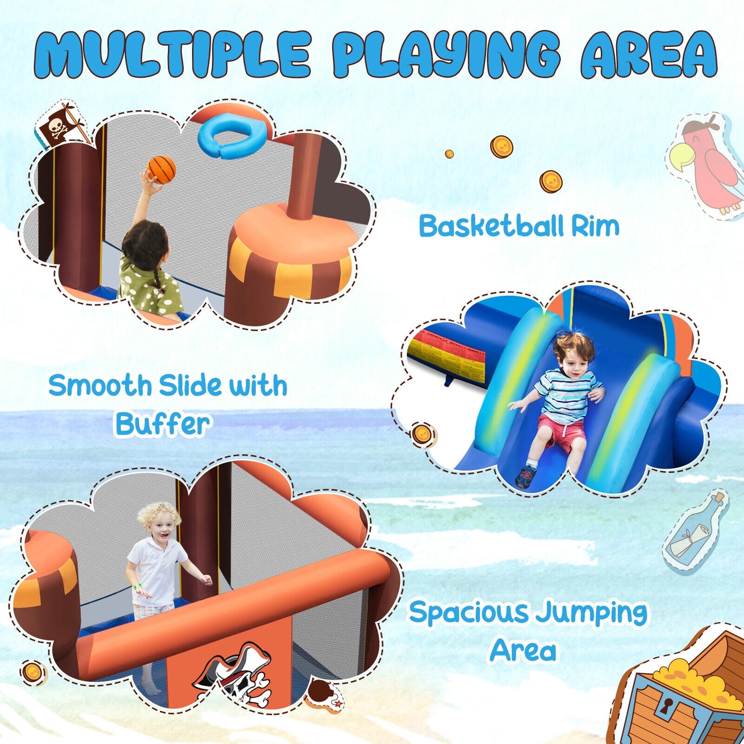 Pirate-Themed Inflatable Bounce Castle with Large Jumping Area and 735W Blower Kids Crystal