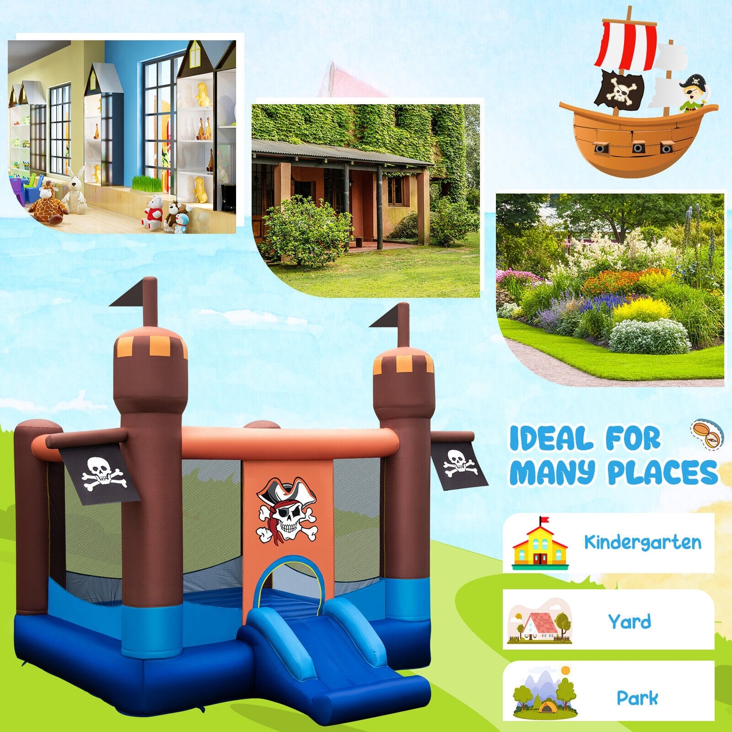 Pirate-Themed Inflatable Bounce Castle with Large Jumping Area and 735W Blower Kids Crystal