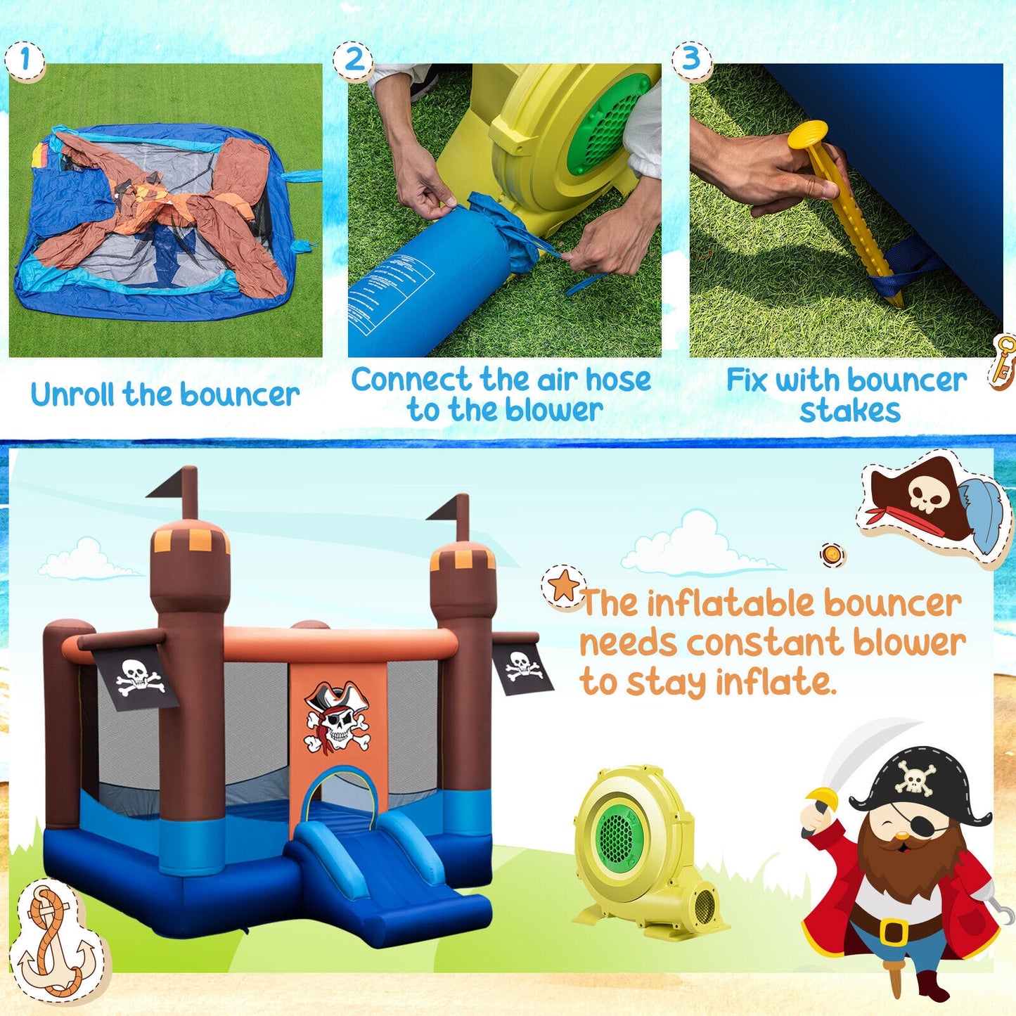 Pirate-Themed Inflatable Bounce Castle with Large Jumping Area and 735W Blower Kids Crystal