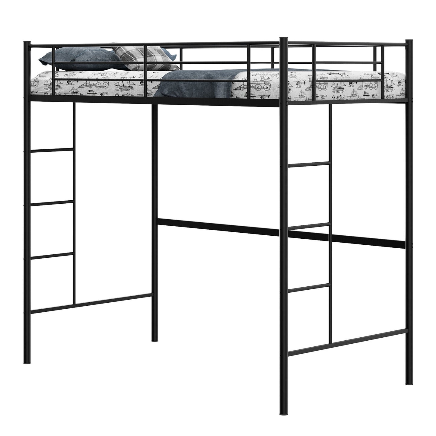 Twin Size Space-saving Metal Loft Bed with Full-Length Guardrail and 2 Ladders-Black Kids Crystal