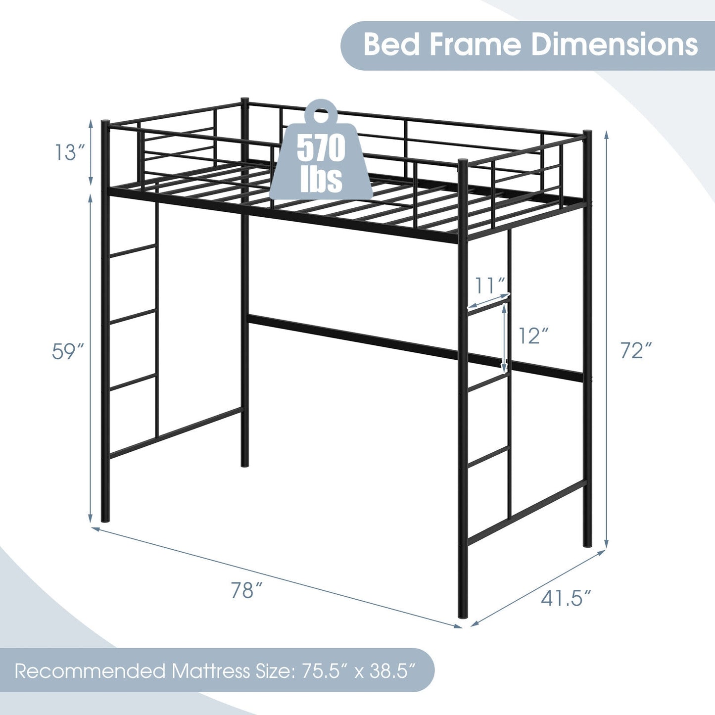 Twin Size Space-saving Metal Loft Bed with Full-Length Guardrail and 2 Ladders-Black Kids Crystal