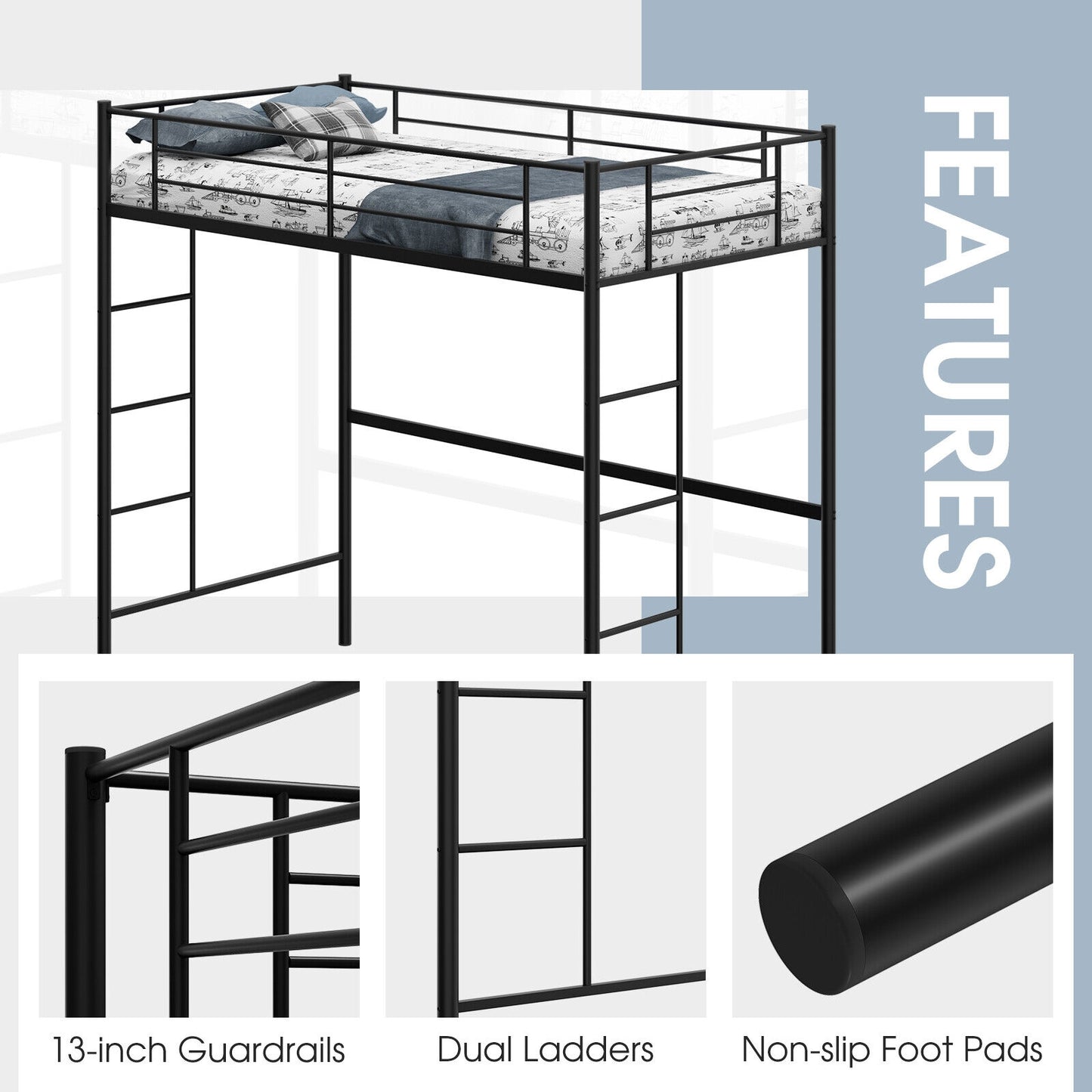 Twin Size Space-saving Metal Loft Bed with Full-Length Guardrail and 2 Ladders-Black Kids Crystal