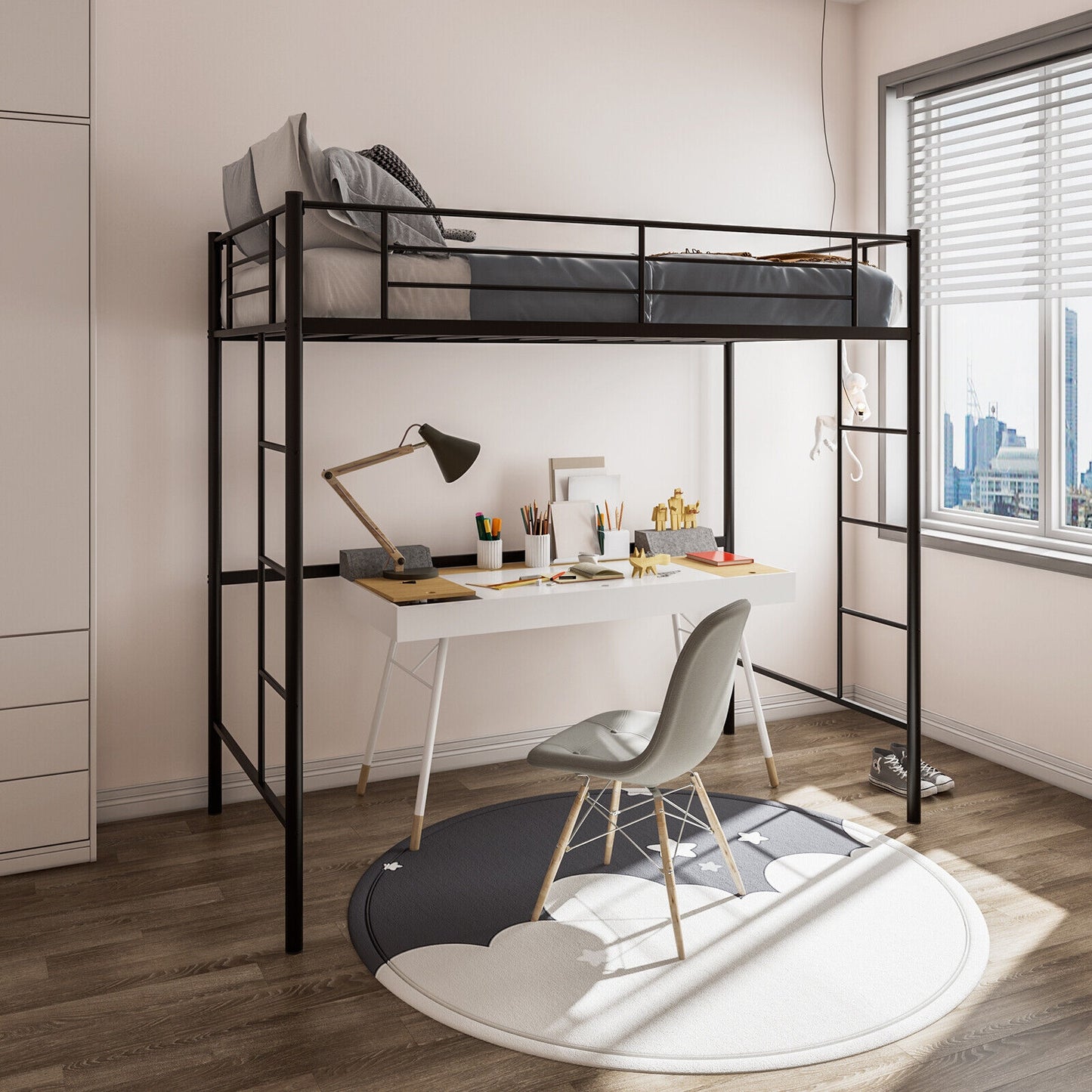 Twin Size Space-saving Metal Loft Bed with Full-Length Guardrail and 2 Ladders-Black Kids Crystal