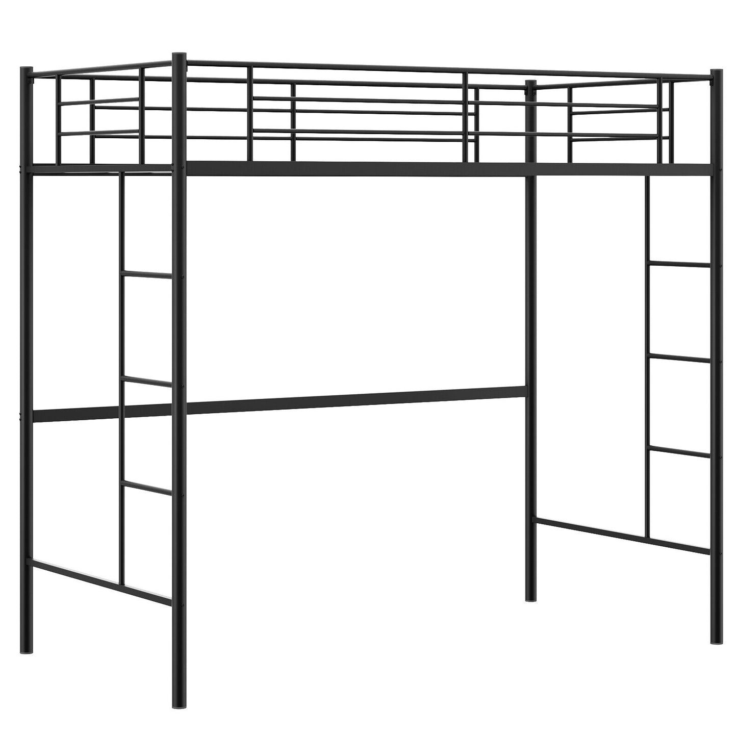 Twin Size Space-saving Metal Loft Bed with Full-Length Guardrail and 2 Ladders-Black Kids Crystal