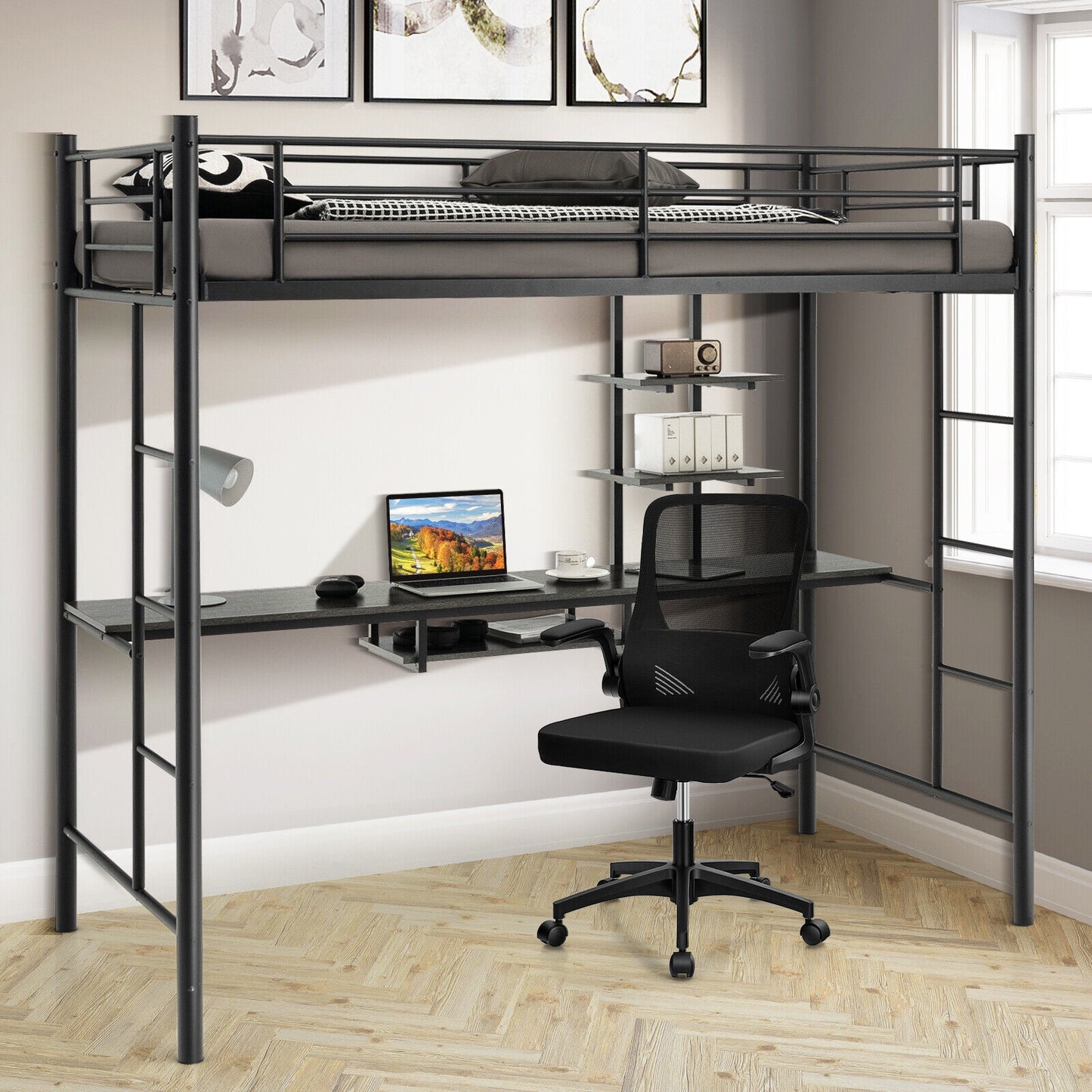Twin Size Loft Bunk Bed with Desk Storage Shelf and Full Length Ladders-Black Kids Crystal