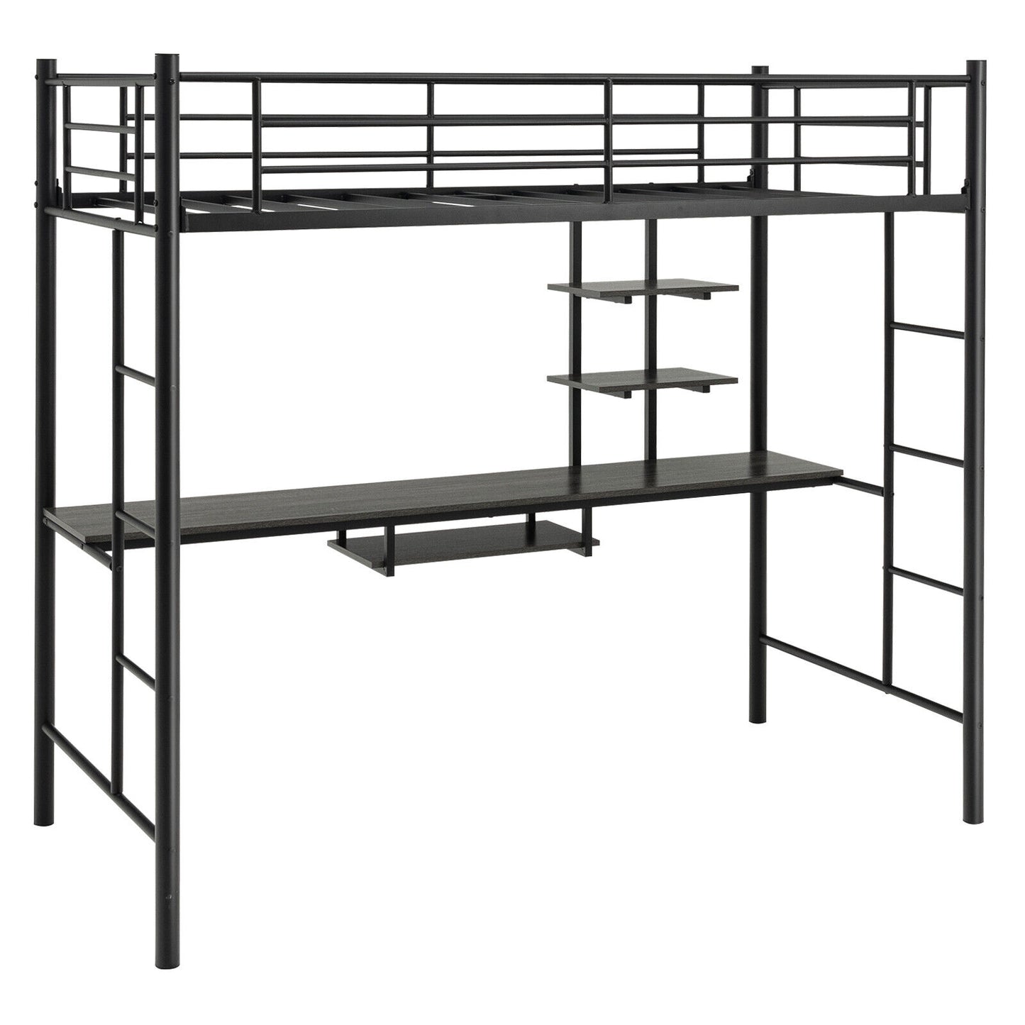 Twin Size Loft Bunk Bed with Desk Storage Shelf and Full Length Ladders-Black Kids Crystal