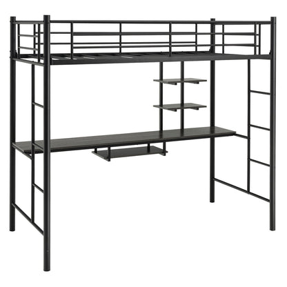 Twin Size Loft Bunk Bed with Desk Storage Shelf and Full Length Ladders-Black