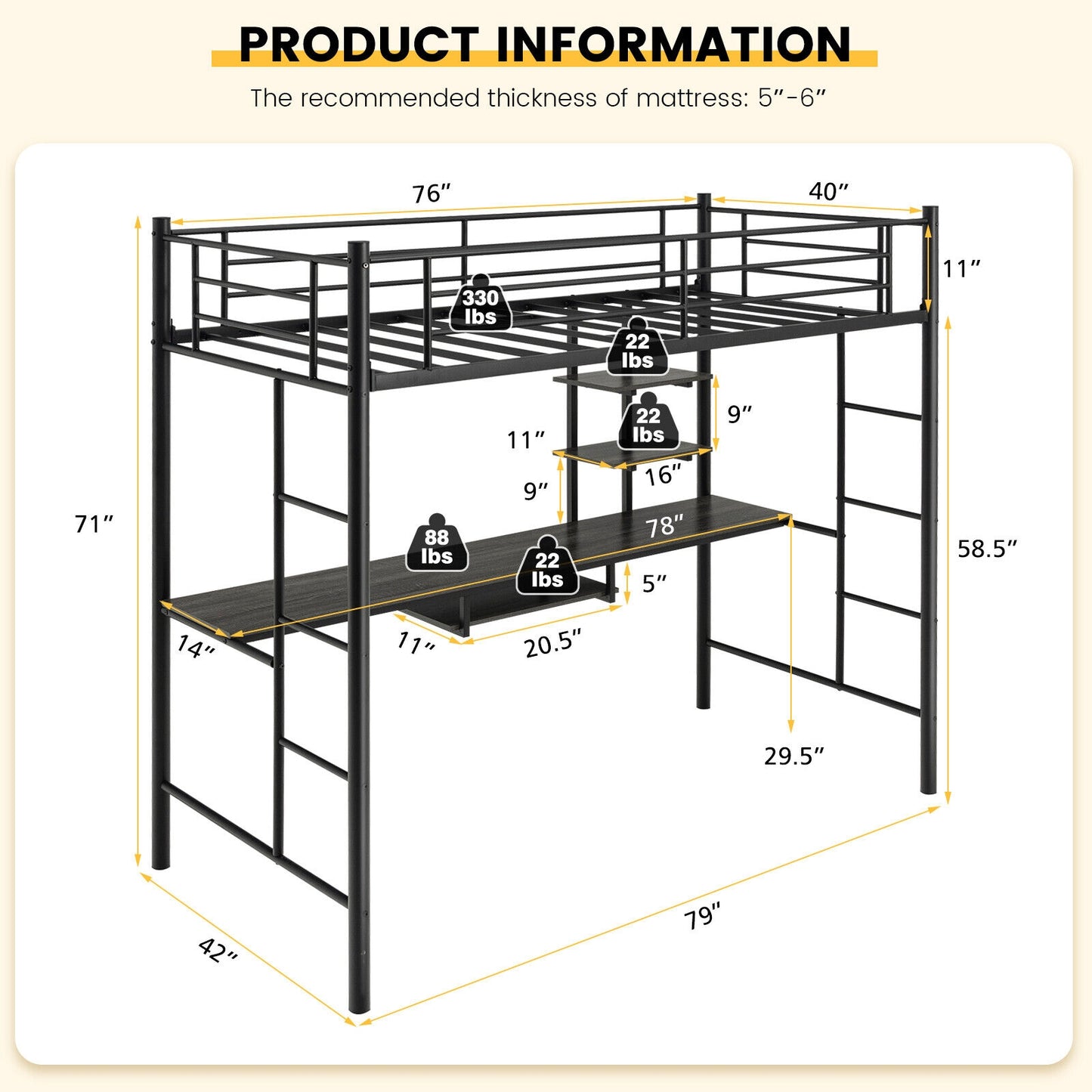 Twin Size Loft Bunk Bed with Desk Storage Shelf and Full Length Ladders-Black Kids Crystal