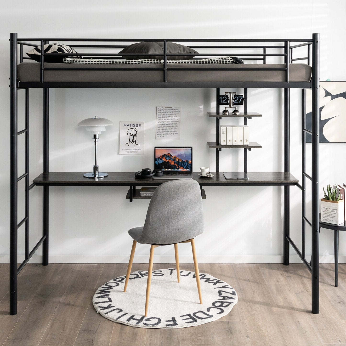 Twin Size Loft Bunk Bed with Desk Storage Shelf and Full Length Ladders-Black Kids Crystal