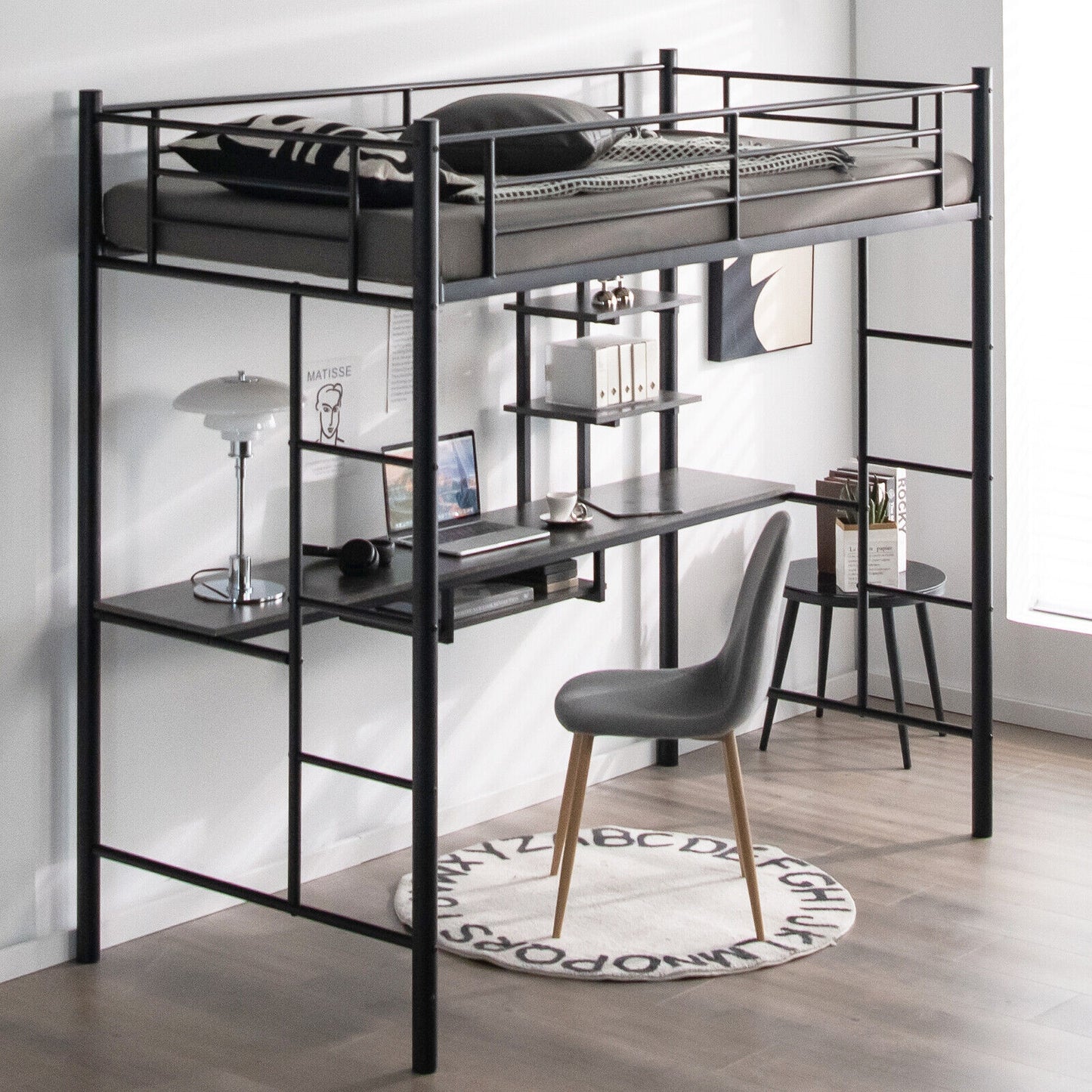 Twin Size Loft Bunk Bed with Desk Storage Shelf and Full Length Ladders-Black Kids Crystal