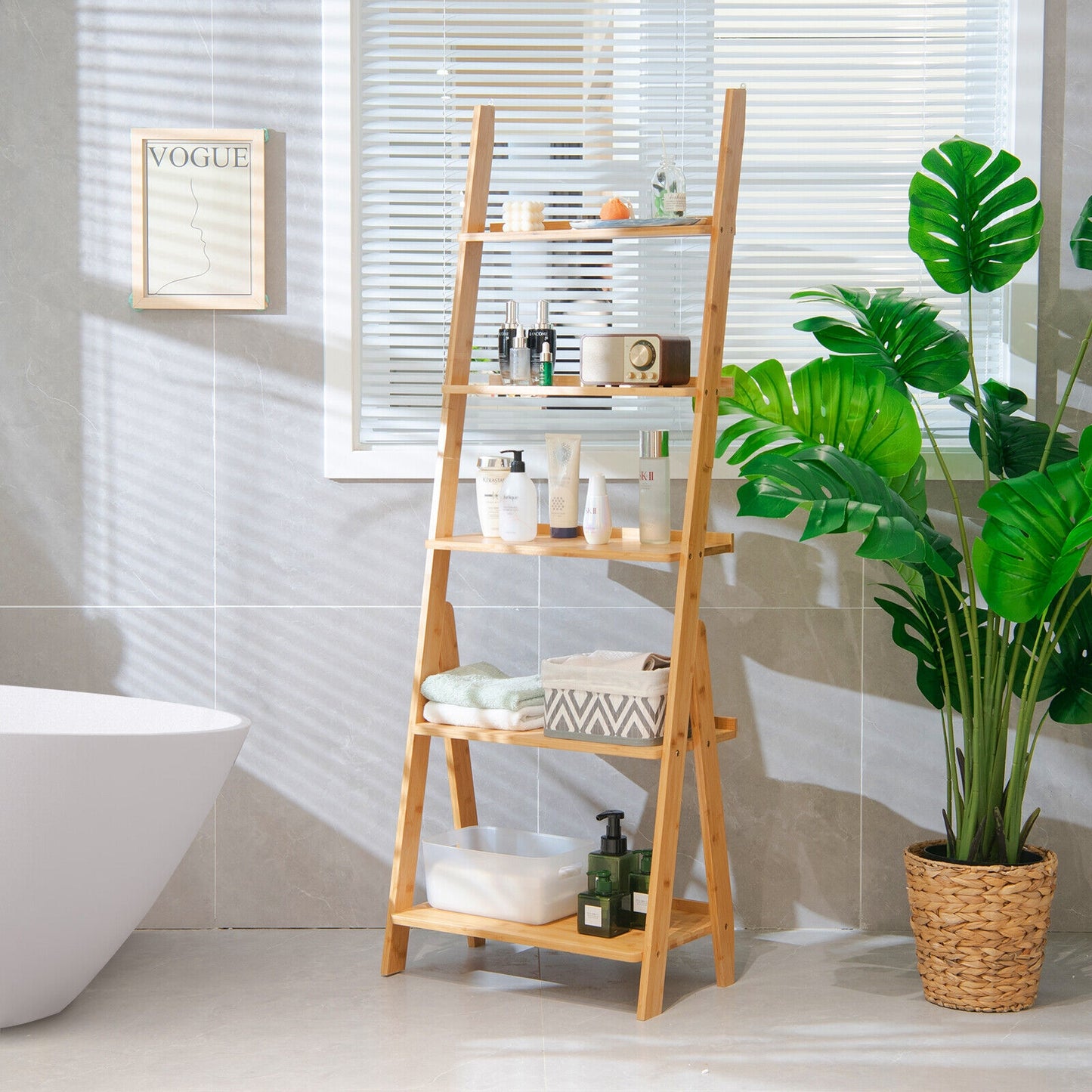 5-Tier Bamboo Ladder Shelf for Home Use-Natural Kids Crystal