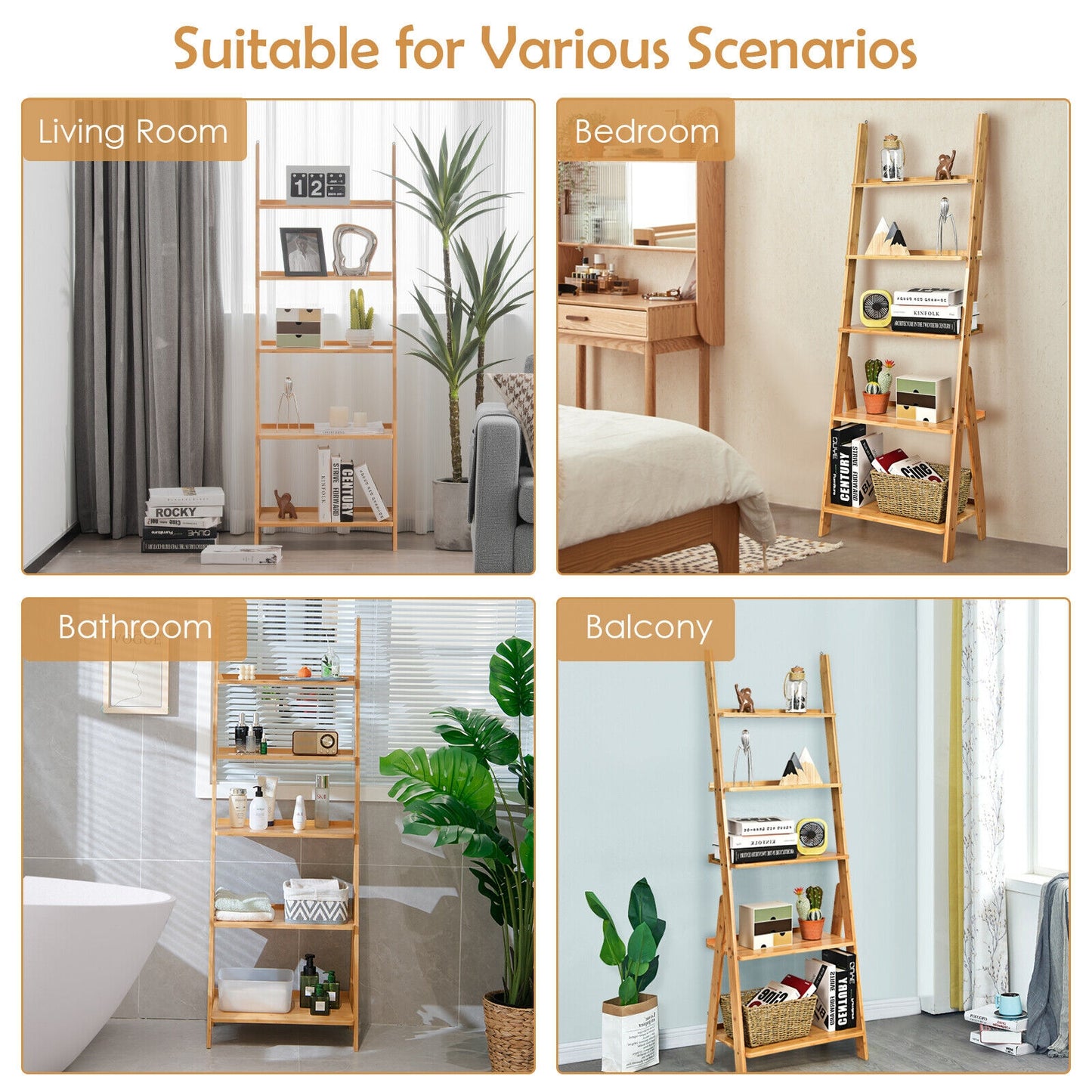 5-Tier Bamboo Ladder Shelf for Home Use-Natural Kids Crystal