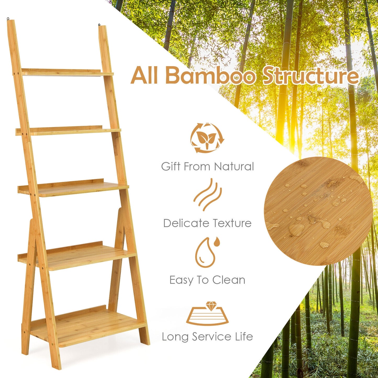 5-Tier Bamboo Ladder Shelf for Home Use-Natural Kids Crystal